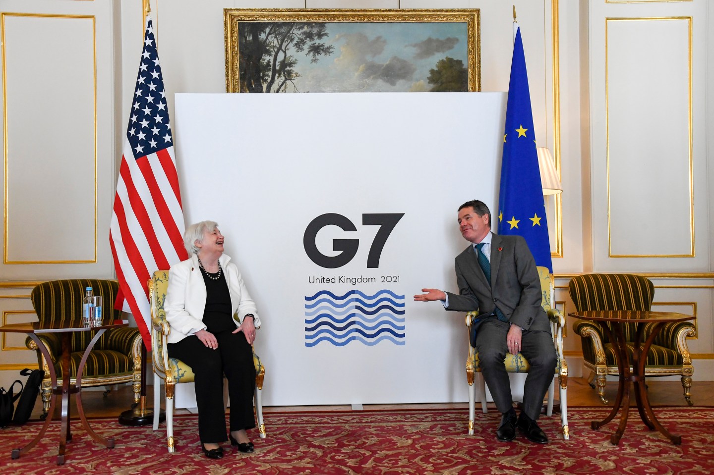 LONDON, ENGLAND - JUNE 05: U.S. Treasury Secretary Janet Yellen (L) meets with Eurogroup President Paschal Donohoe as finance ministers from across the G7 nations meet at Lancaster House on June 5, 2021 in London, England.