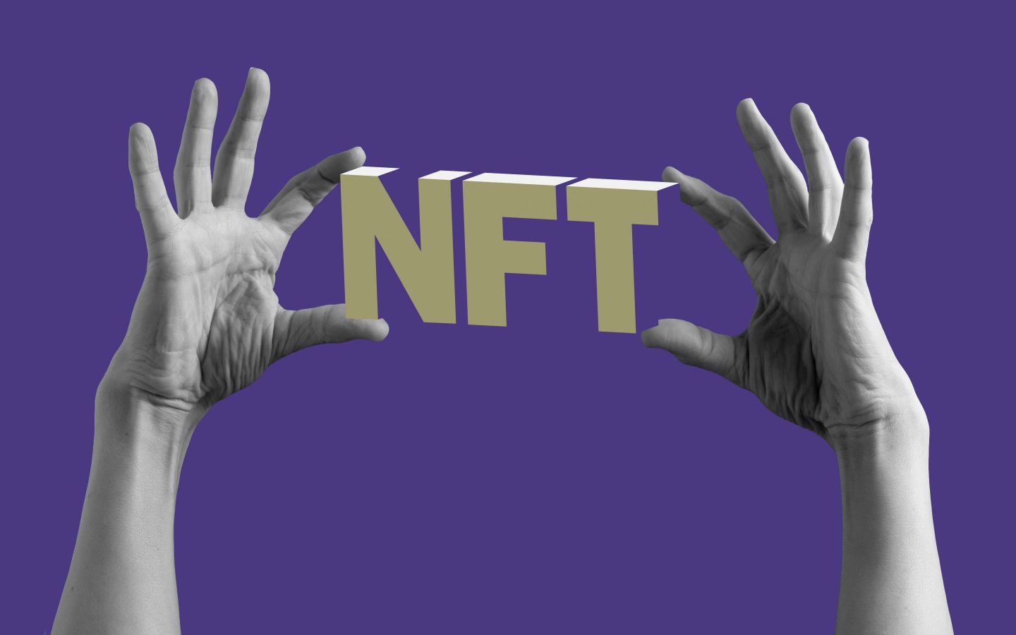 Hands holding NFT letters against purple background.