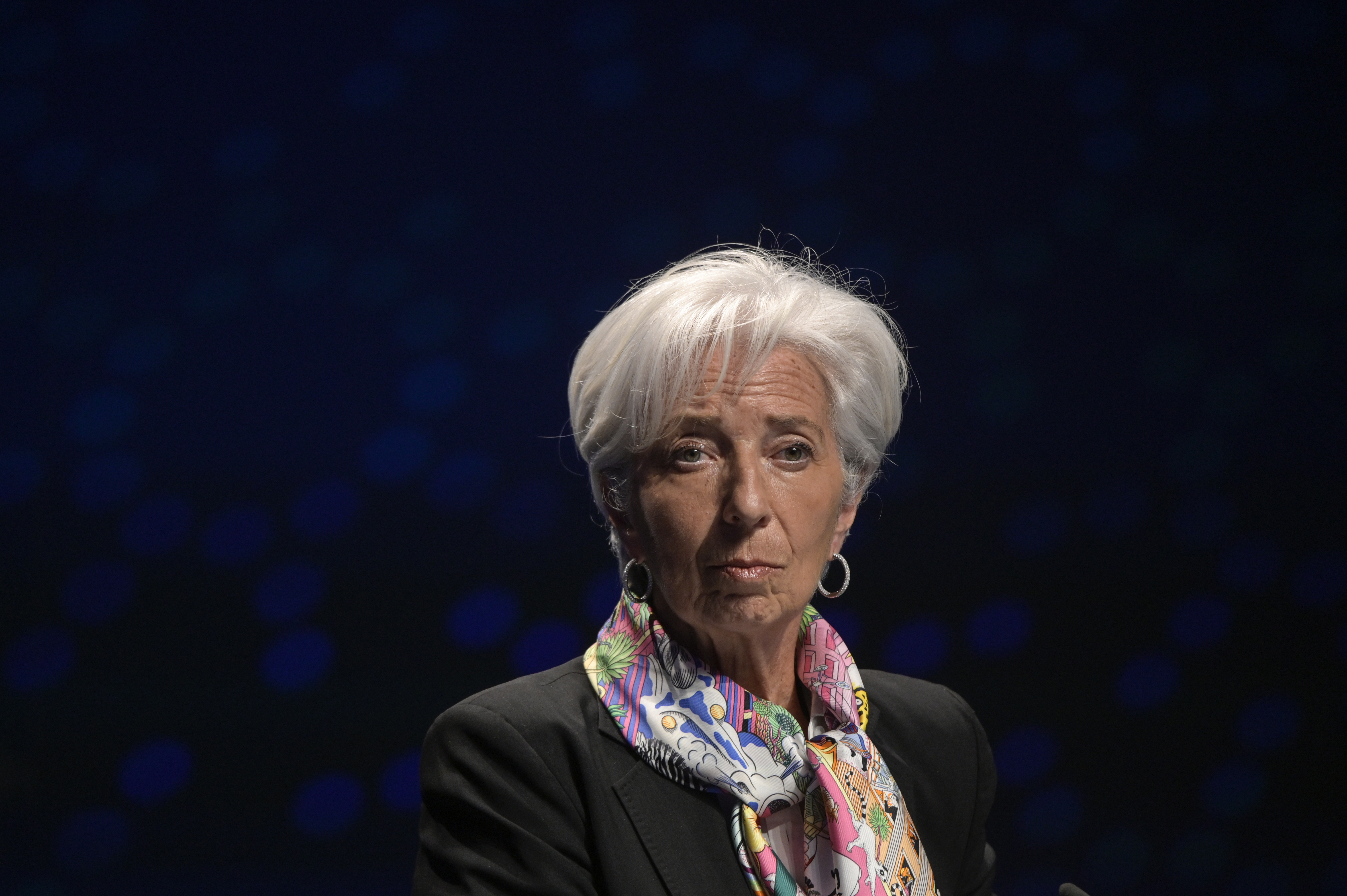 The President of the European Central Bank Christine Lagarde delivers remarks during a joint press conference held with European Commissioner for Economy Paolo Gentiloni, the Eurogrup President Paschal Donohoe and the Director of the European Mechanism of Stability Klaus Regling at the end of the first of the informal meetings of Eurogroup and ECOFIN in Centro Cultural de Belém during the COVID-19 Coronavirus pandemic on May 21, 2021 in Lisbon, Portugal.