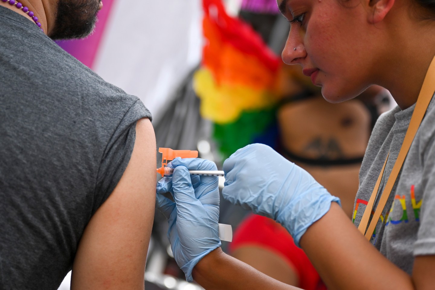 A person receives a covid-19 vaccination at the 2021 NYC Pride Fest near Union Square on June 27, 2021 in New York City. This year's NYC Pride March theme is 'The Fight Continues.’