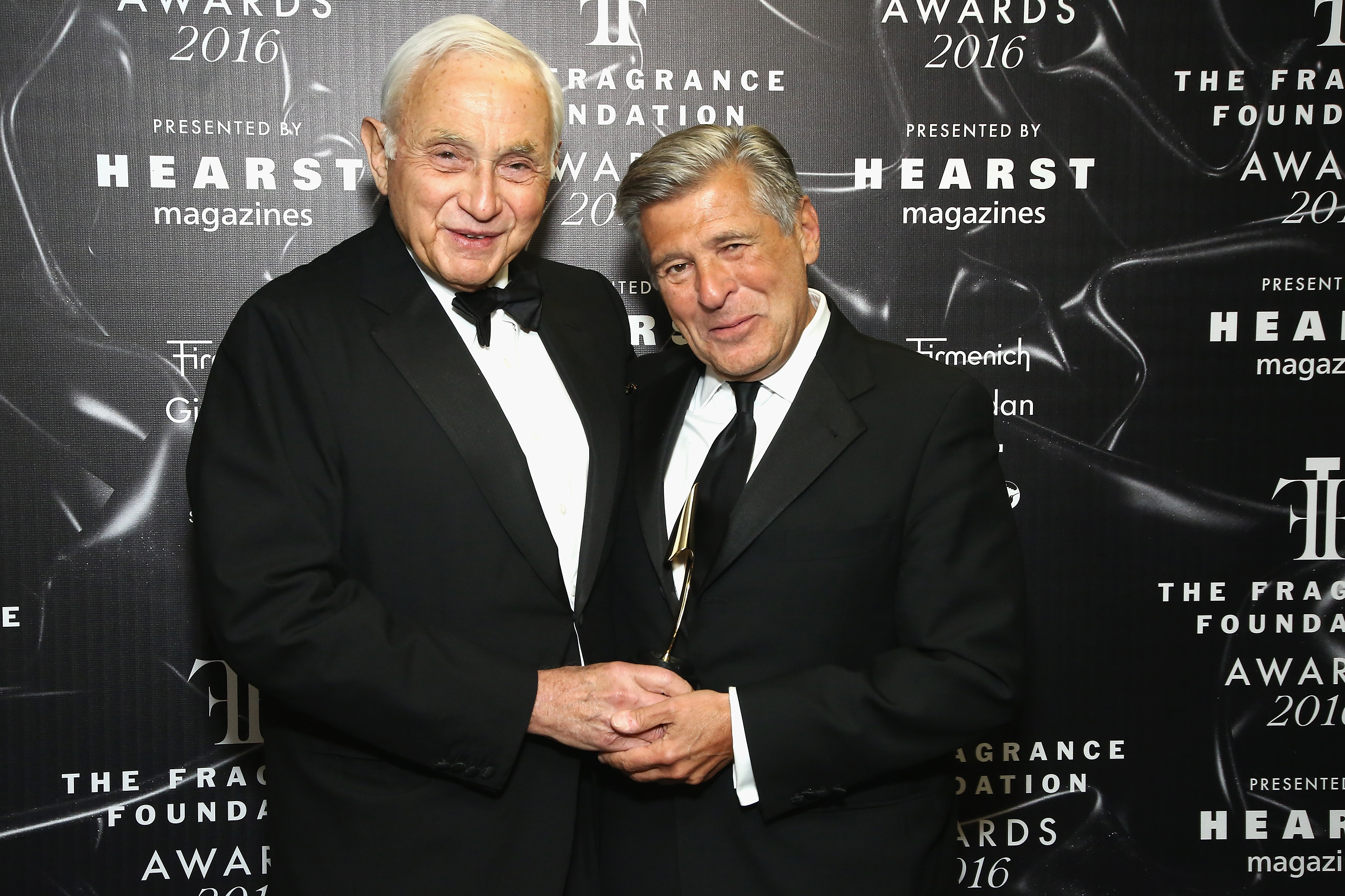 Les Wexner and Ed Razek pose backstage at the 2016 Fragrance Foundation Awards presented by Hearst Magazines - Show on June 7, 2016 in New York City.