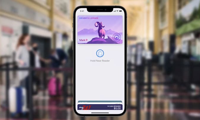 A rendering of the state driver&#8217;s license uploading screen for Apple Wallet on iPhones, coming on iOS 15 in the fall.