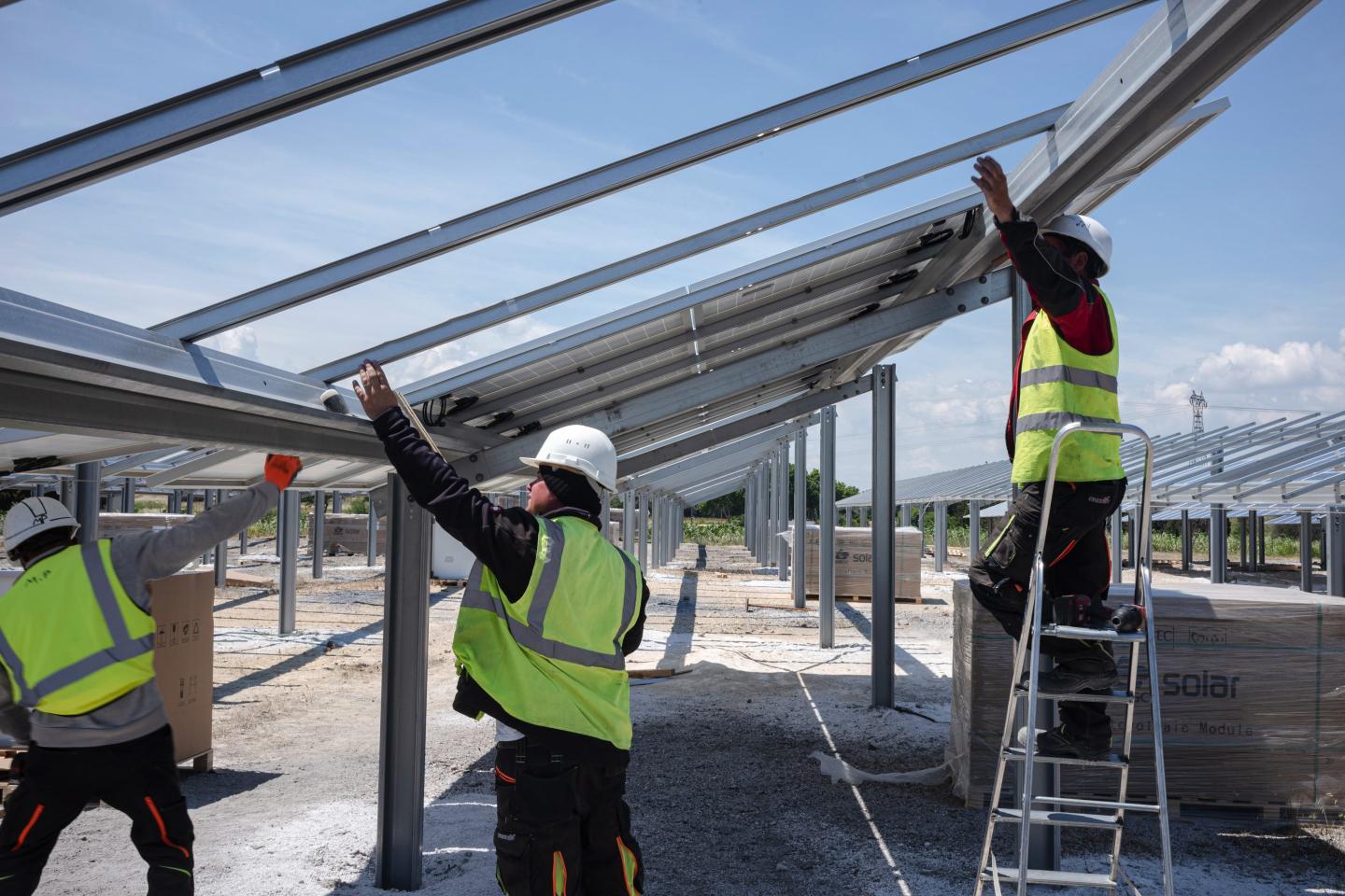 Workers install solar panels at the Renewable Energy Systems Ltd. solar park.