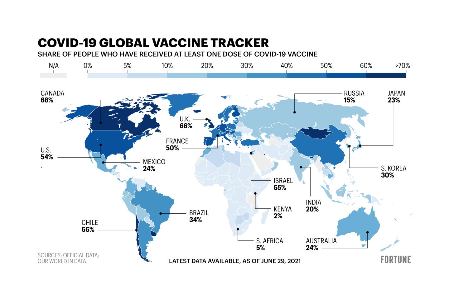 World map shows the share of people who received a Covid-19 vaccine