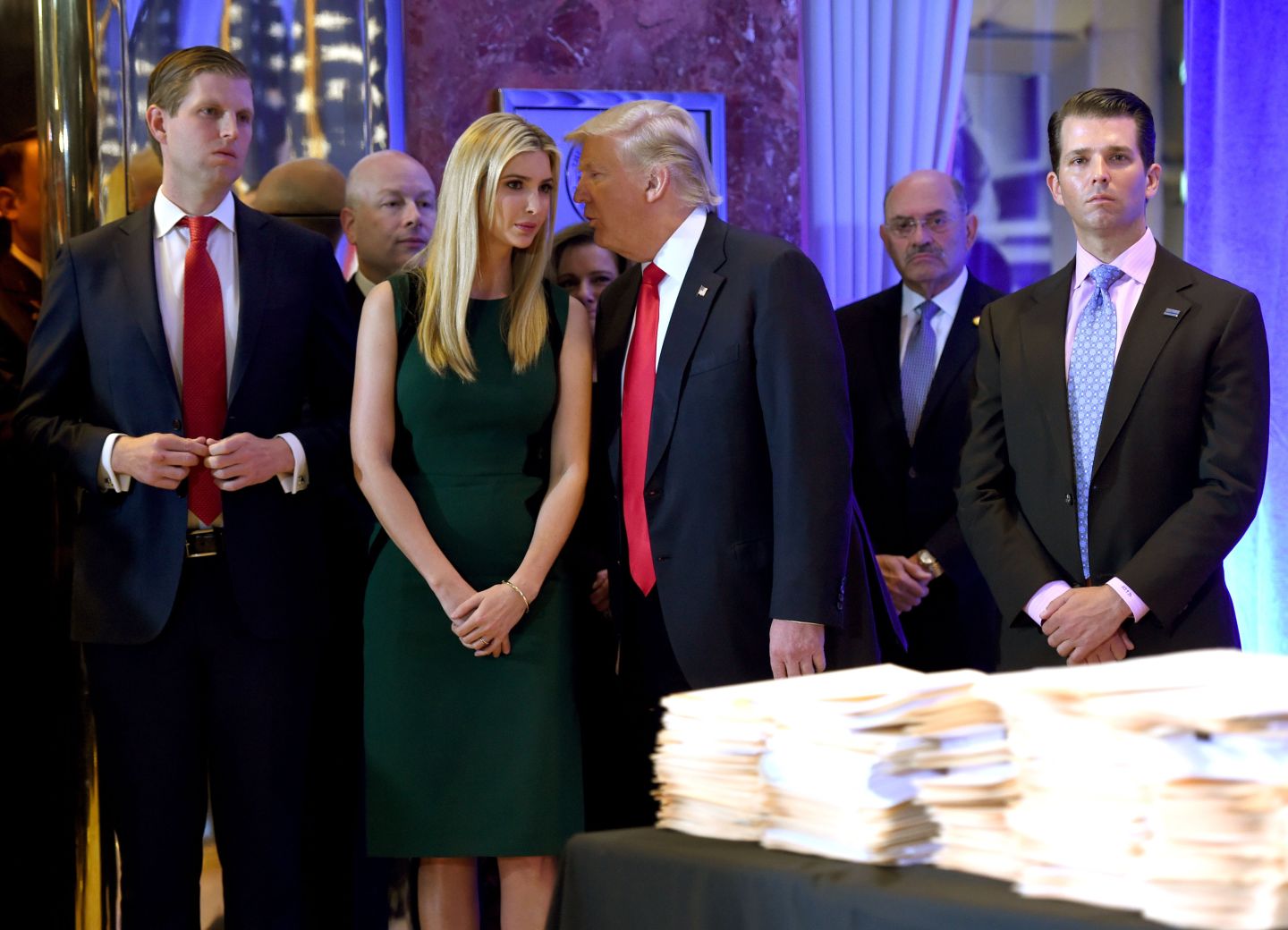 (FILES) In this file photo taken on January 11, 2017, US President-elect Donald Trump along with his children Eric (L) Ivanka and Donald Jr.(R) arrive for a press conference at Trump Tower in New York, accompanied by Allen Weisselberg (2nd R), chief financial officer of The Trump Organization. &#8211; As US President Donald Trump&#8217;s former lawyer Michael Cohen delivered hours of riveting testimony to a US House committee on February 27, 2019, one name came up again and again: Allen Weisselberg. Weisselberg, 71, is the publicity-shy chief financial officer of the Trump Organization and one of the real estate tycoon&#8217;s oldest and closest advisors. (Photo by Timothy A. CLARY / AFP)        (Photo credit should read TIMOTHY A. CLARY/AFP via Getty Images)