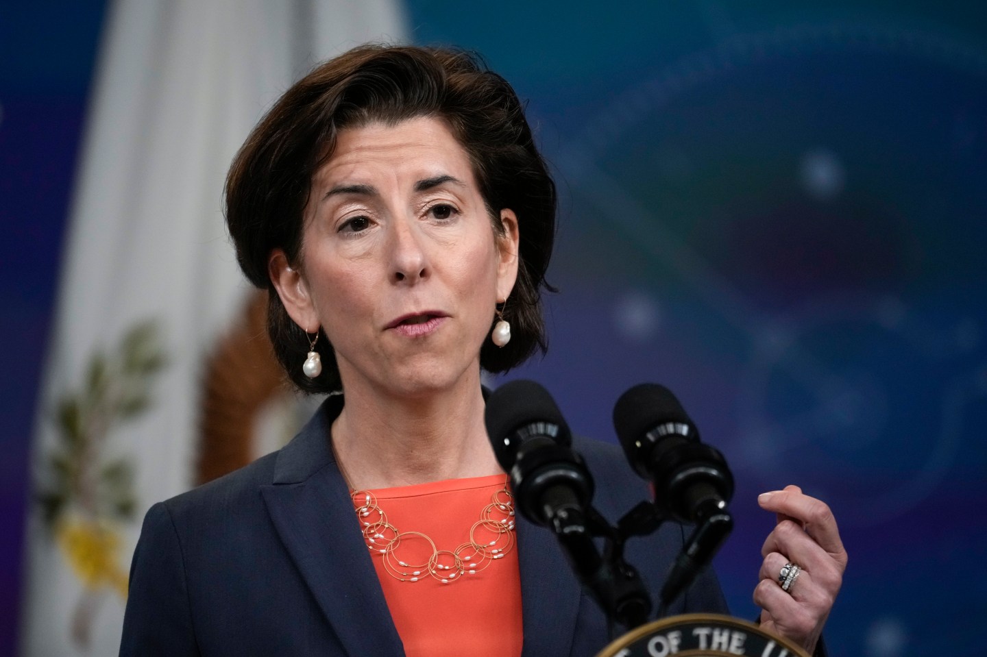 U.S. Secretary of Commerce Gina Raimondo speaks during an event on high-speed internet access in the South Court Auditorium at the White House complex on June 3, 2021 in Washington, DC.