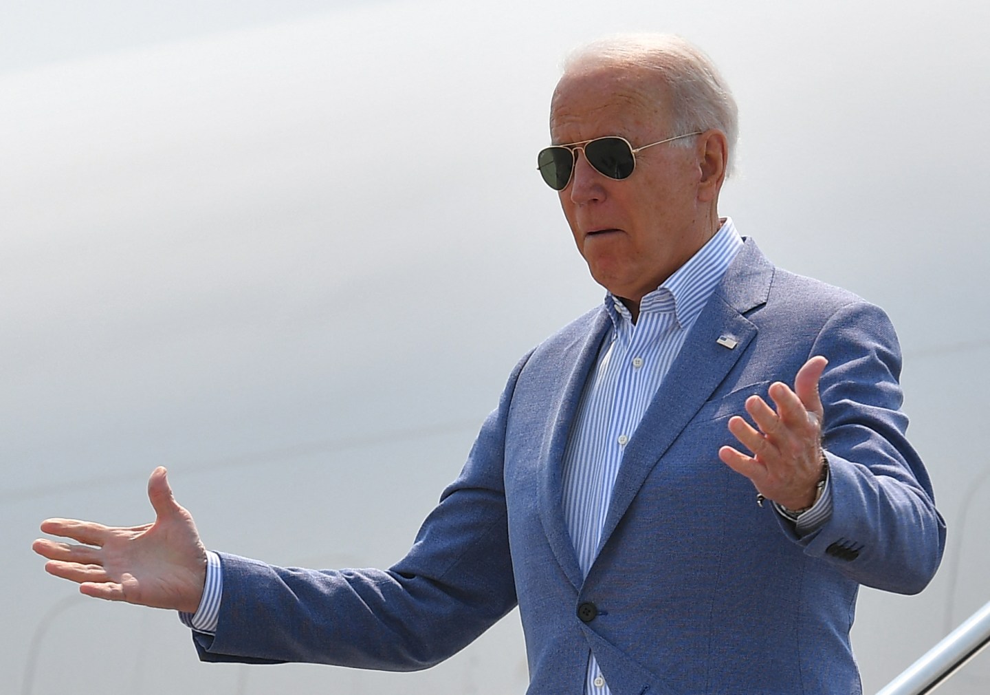 US President Joe Biden steps off Air Force One upon arrival at Cherry Capital Airport in Traverse City, Michigan on July 3, 2021.