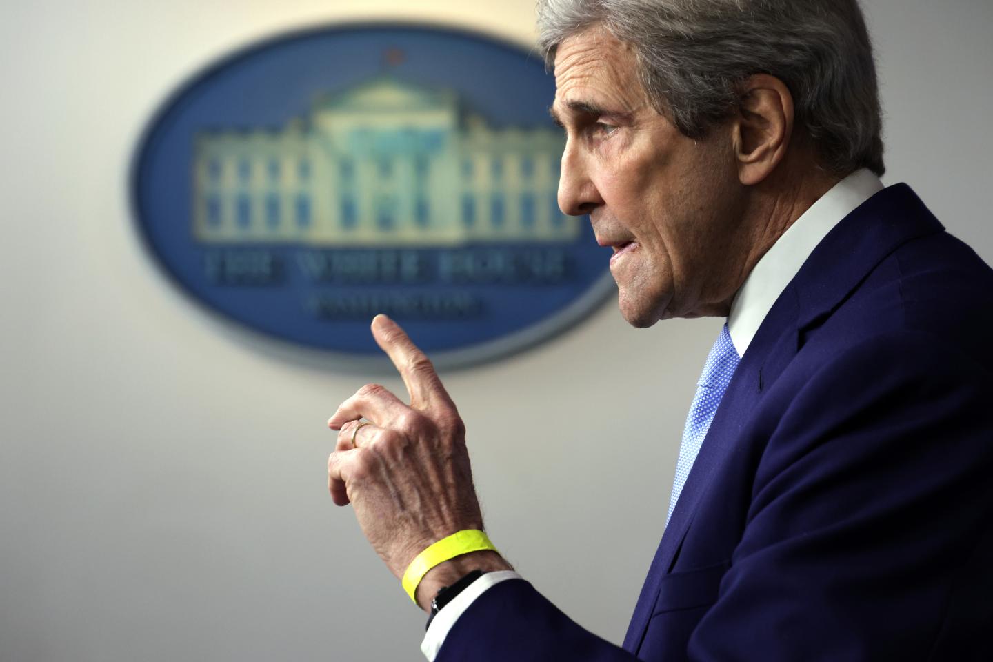 Special Presidential Envoy for Climate and former Secretary of State John Kerry speaks during a daily press briefing at the James Brady Press Briefing Room of the White House on April 22, 2021 in Washington, DC.
