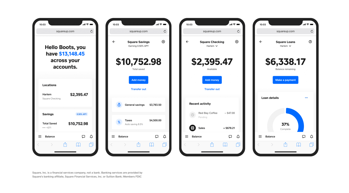 Mobile screenshots of Square's checking and savings account dashboards