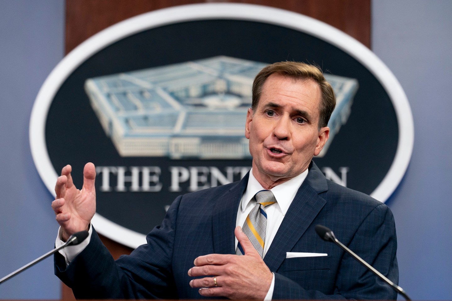 Pentagon spokesman John Kirby speaks during a briefing at the Pentagon in Washington on Aug. 12, 2021.
