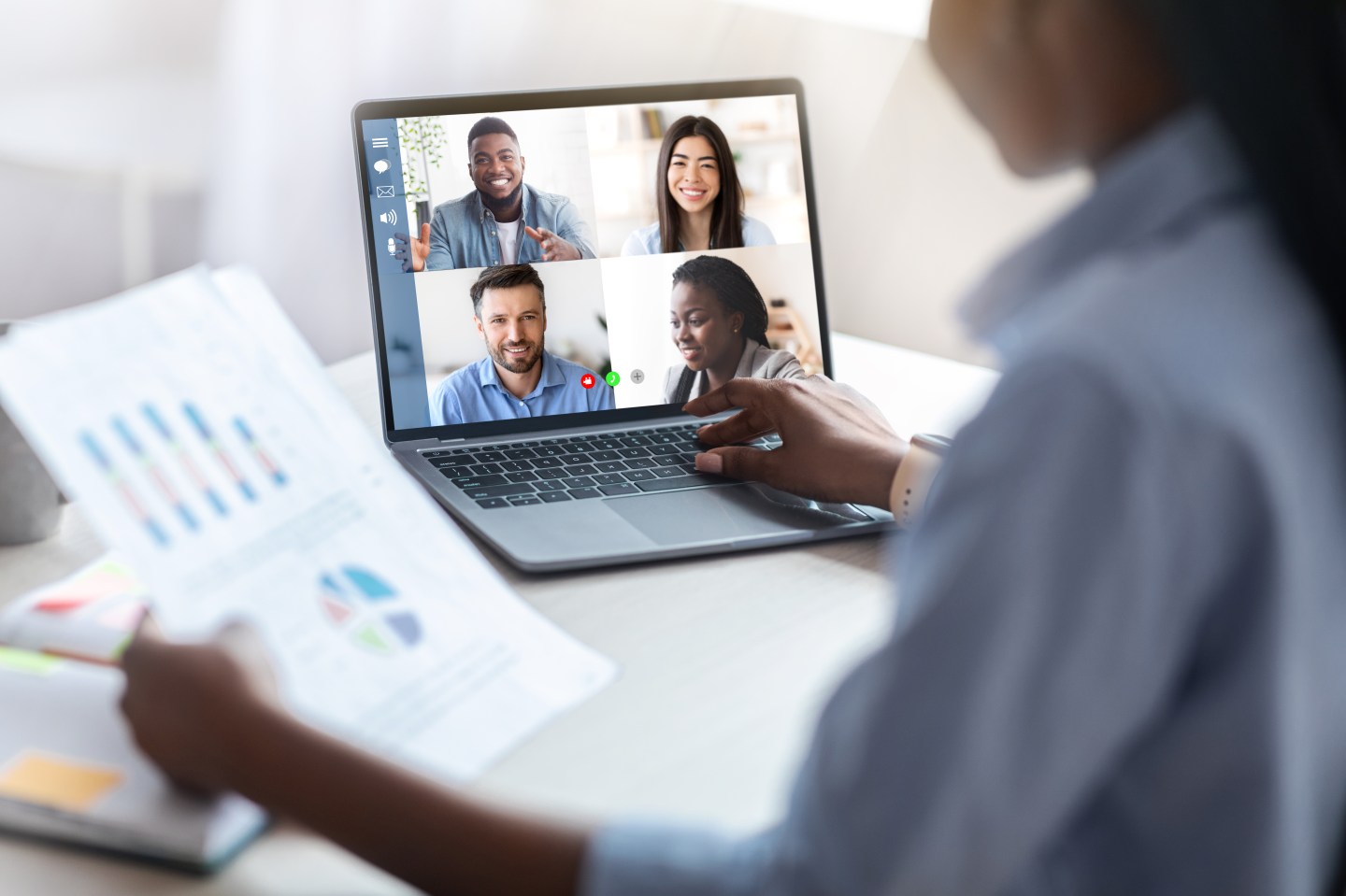 Business Meeting Online. Unrecognizable Black Businesswoman Having Web Conference With Co-Workers, Using Laptop And Working With Papers, Having Video Call With Colleagues, Selective Focus, Collage