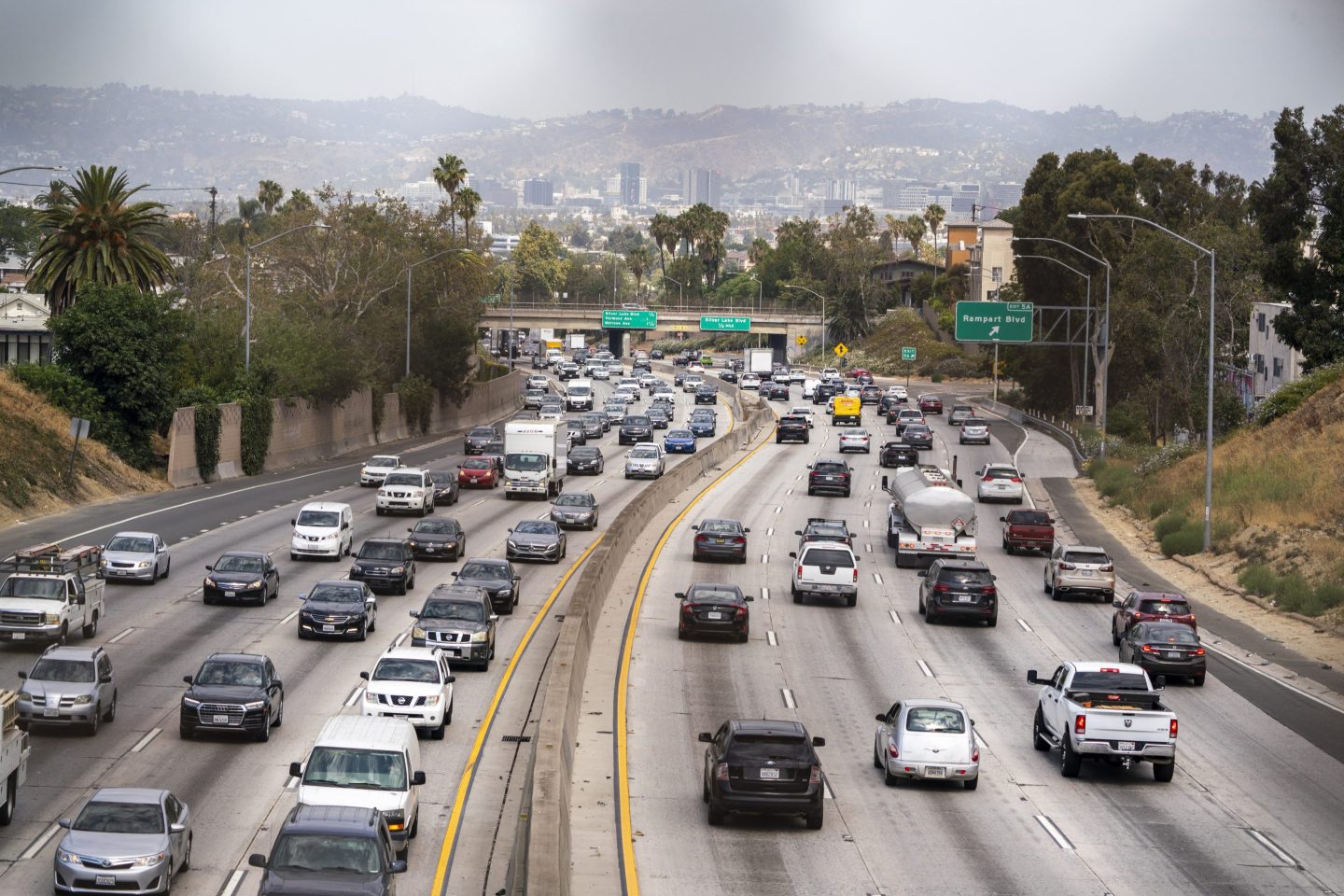 Cars in traffic on a highway outside Los Angeles, California.