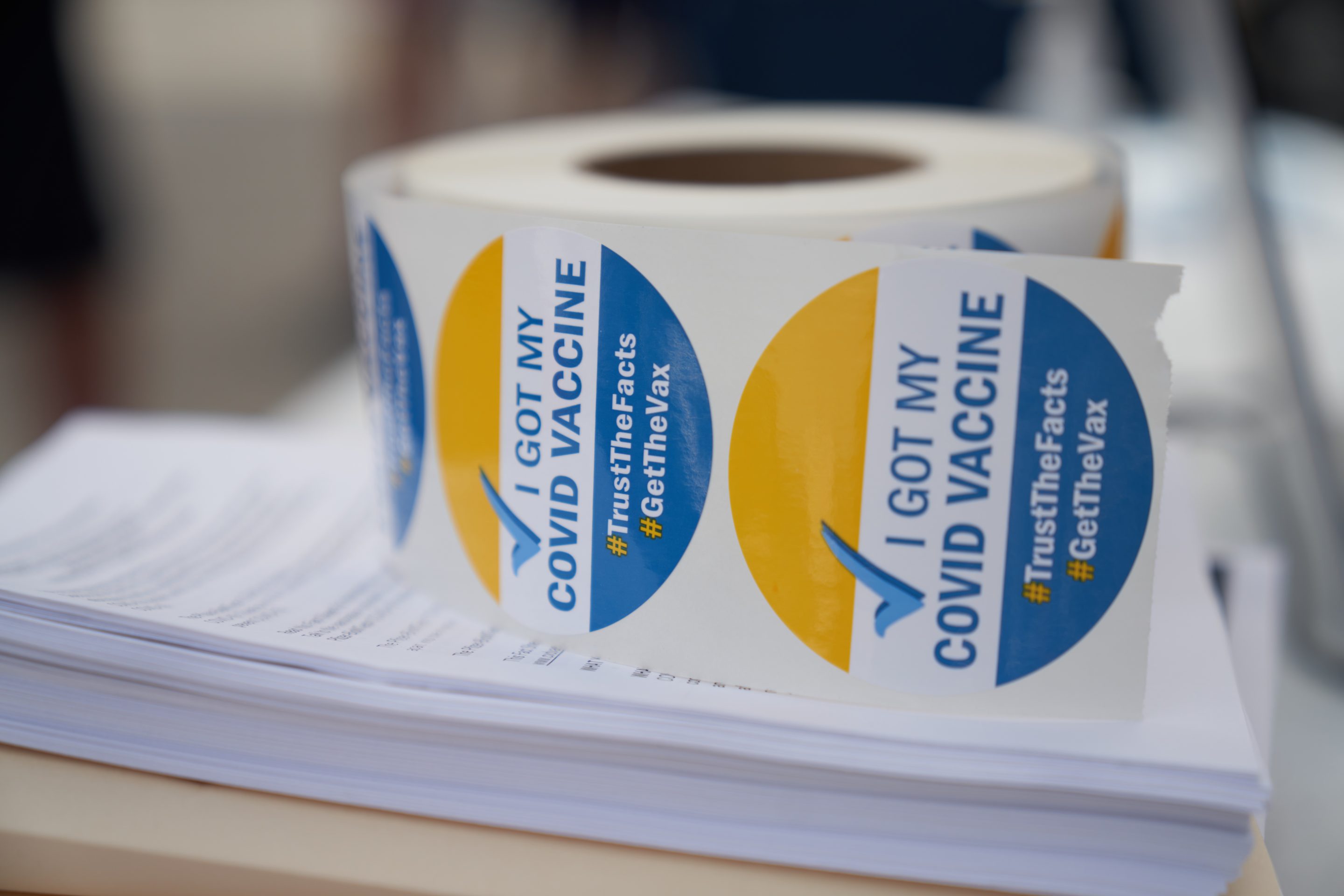 Stickers that read "I Got My Covid Vaccine" during a vaccination event at a school in Boston, Massachusetts, U.S., on Monday, August 16, 2021.