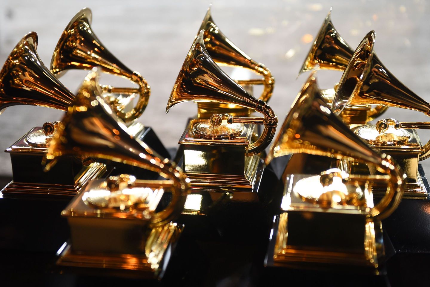 Grammy trophies sit in the press room during the 60th Annual Grammy Awards on January 28, 2018.