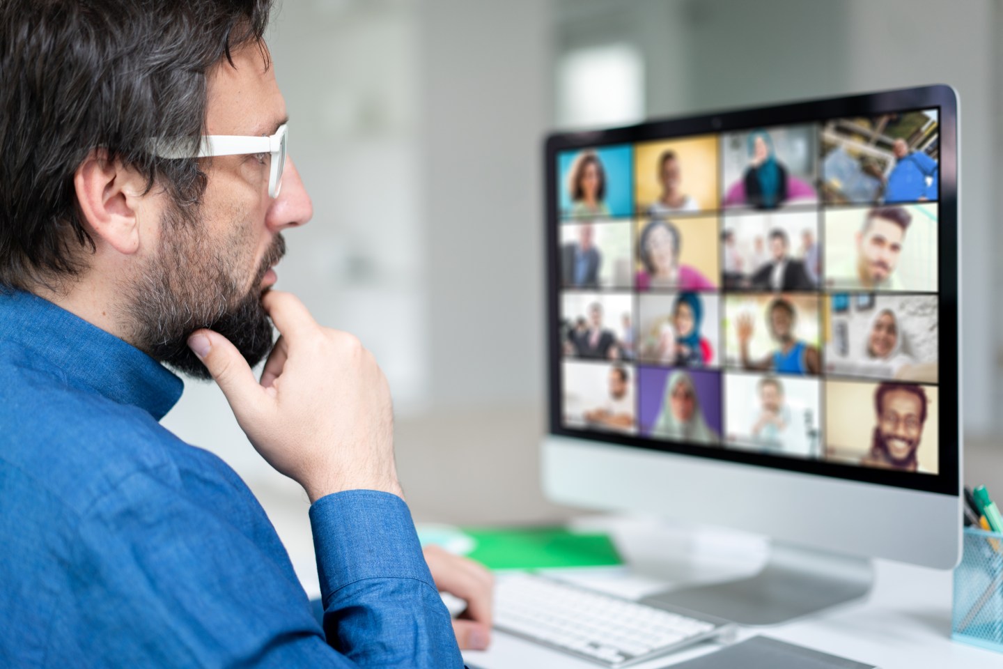 Working at home having a video conference with colleagues