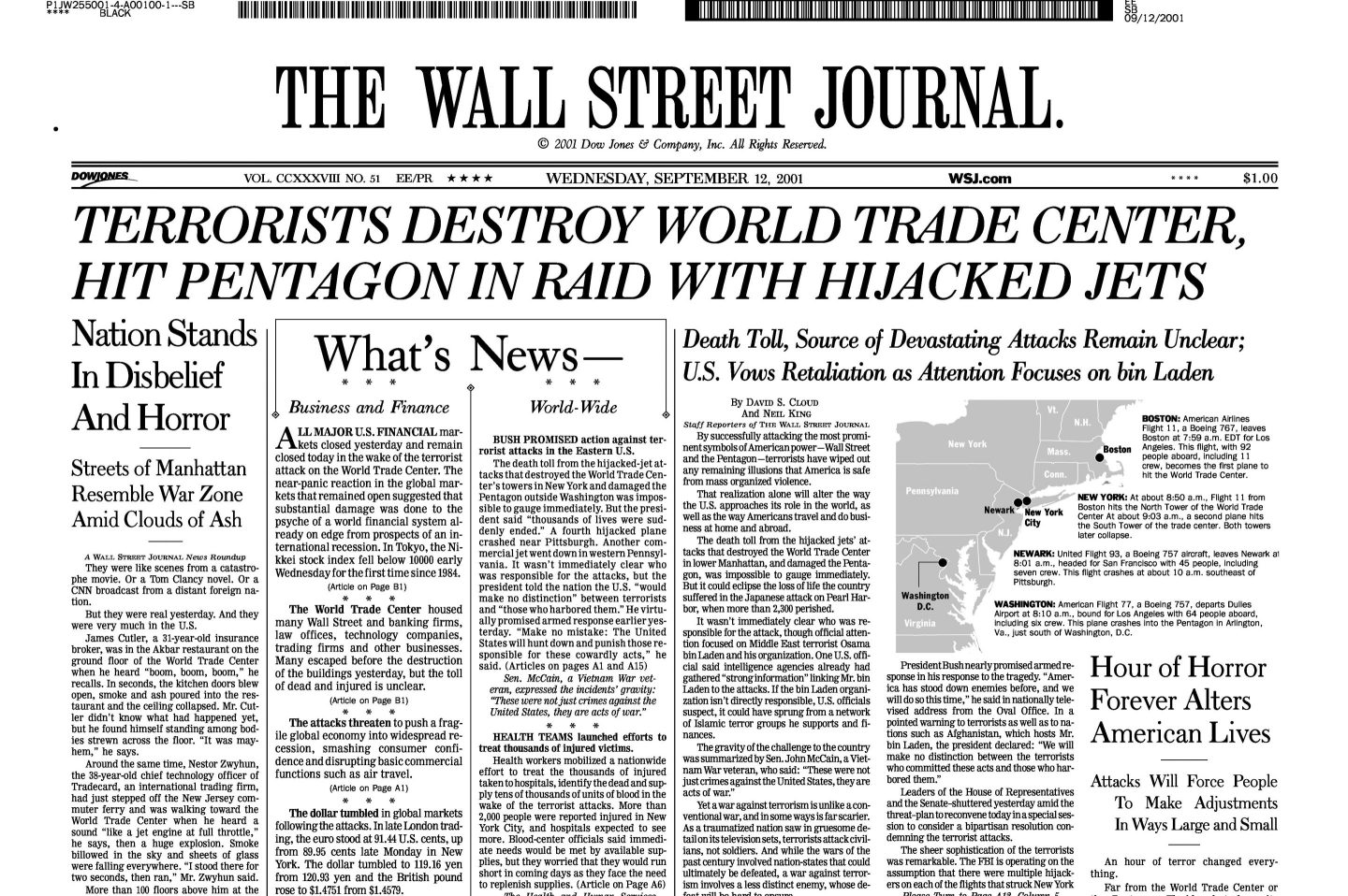 The front page of the Wall Street Journal’s Sept. 12th, 2001, edition, which won a Pulitzer Prize for breaking news reporting.