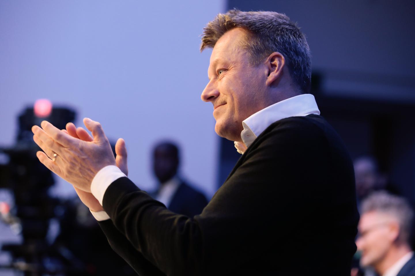 Jesper Brodin, chief executive officer of Ikea Group, applauds during a panel session on day three of the World Economic Forum (WEF) in Davos, Switzerland, on Thursday, Jan. 23, 2020.