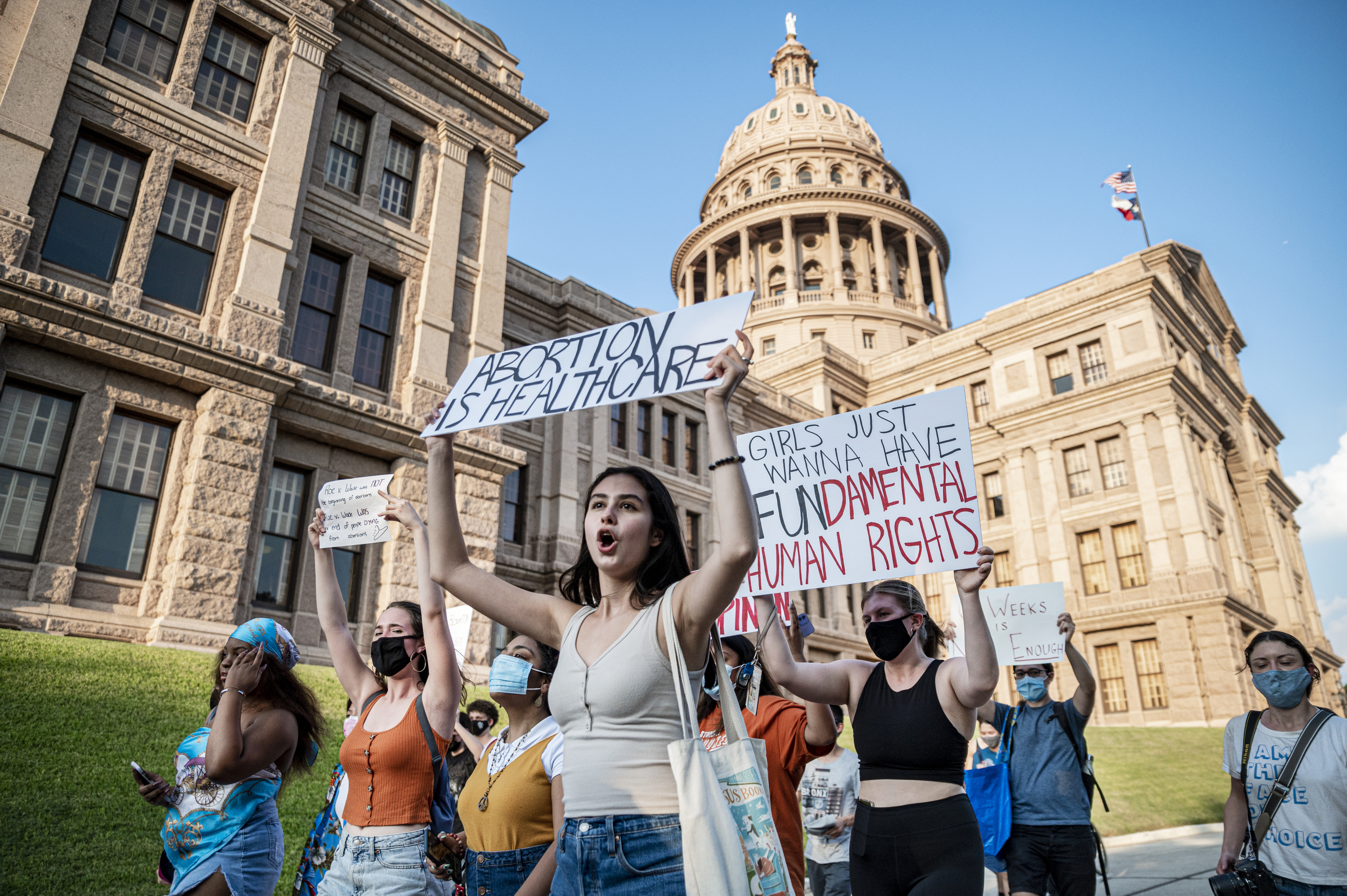 Pro-choice protesters march outside the Texas State Capitol on Sept. 1, 2021, in Austin. Texas passed SB 8, which effectively bans nearly all abortions; it went into effect Sept. 1.