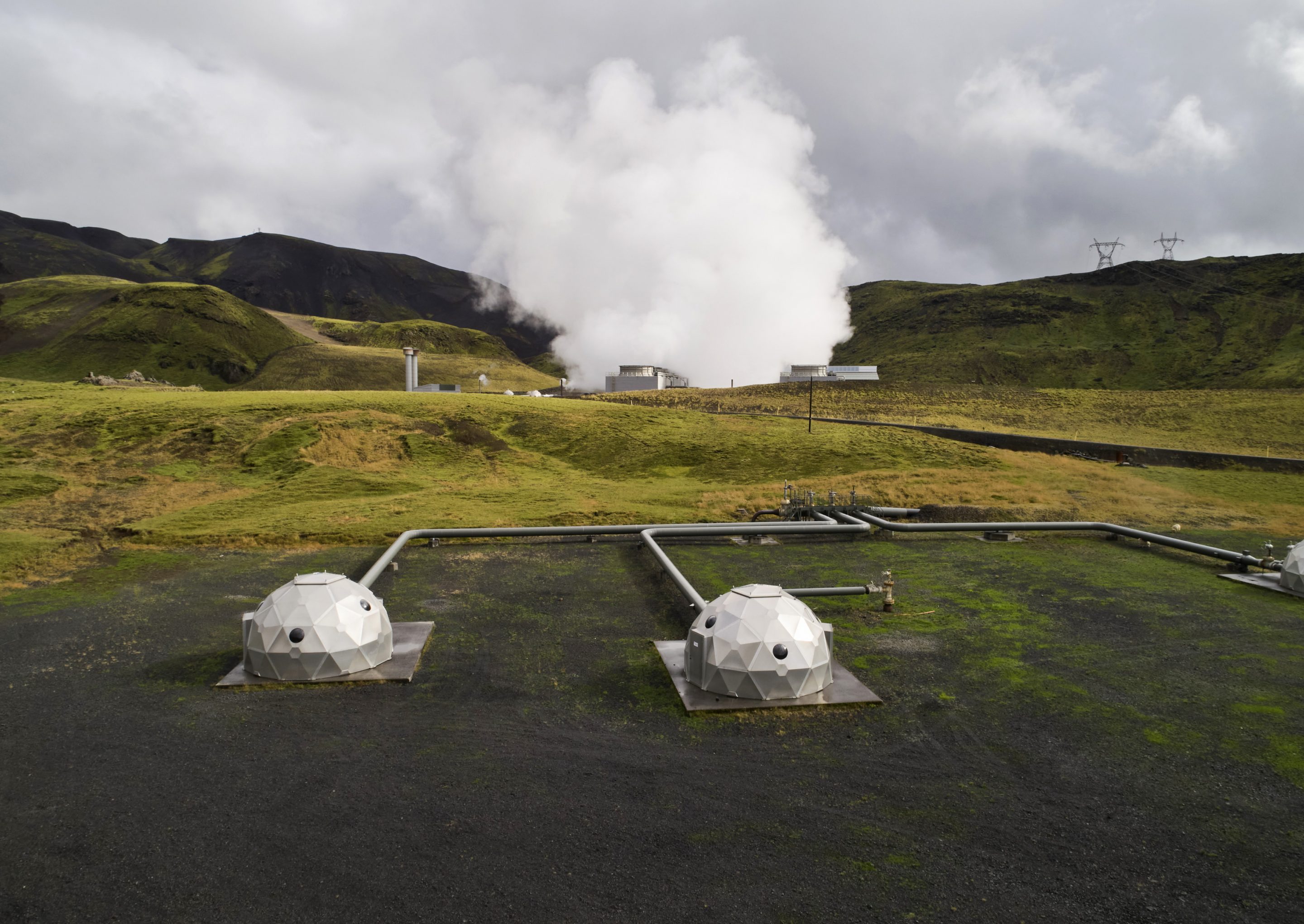 Pods containing technology for storing carbon dioxide deep underground, in Hellisheidi, Iceland.