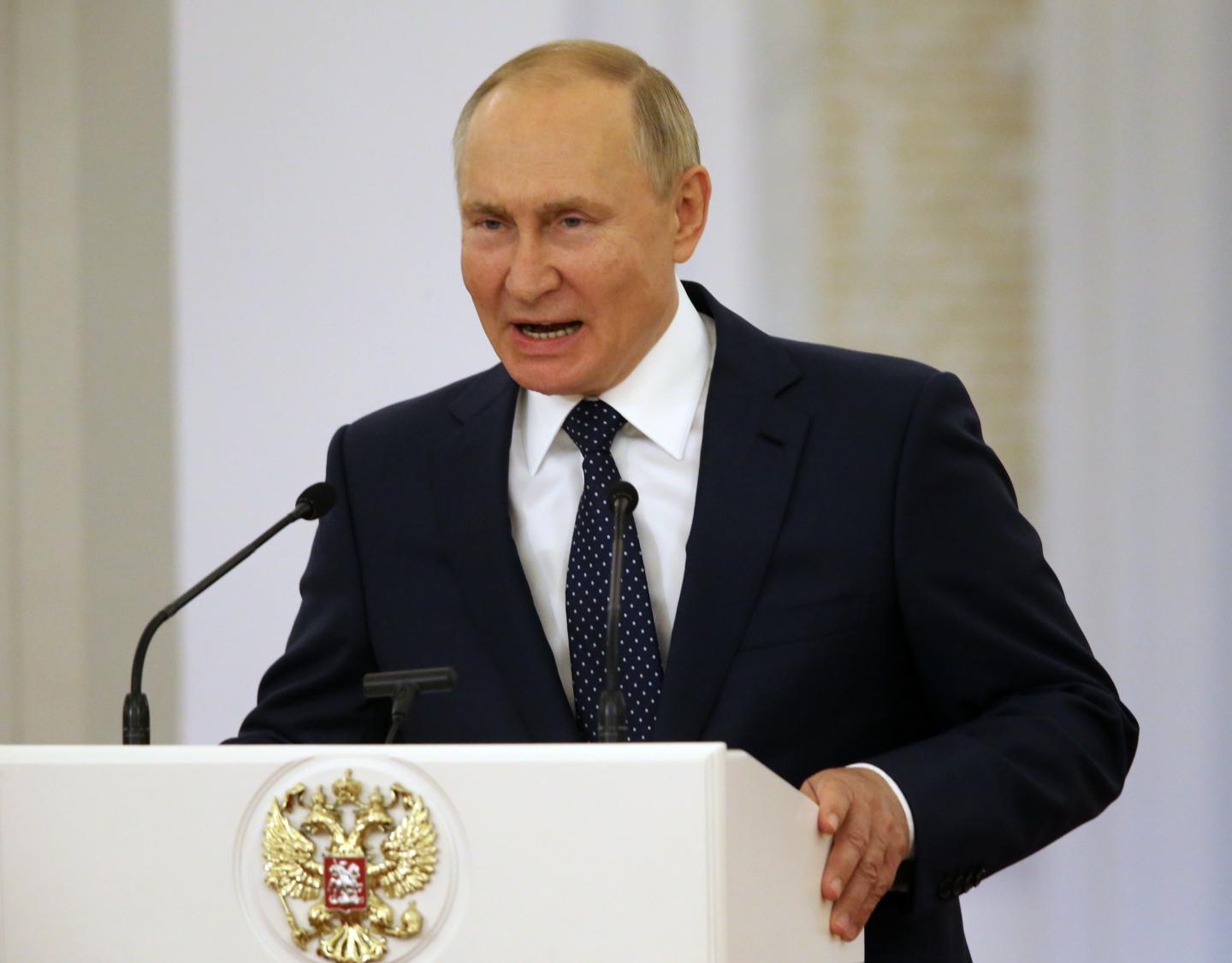 Russian President Vladimir Putin addresses Tokyo 2020 Paralympic medalists during the meeting at the Grand Kremlin Palace, on September 13, 2021 in Moscow, Russia.