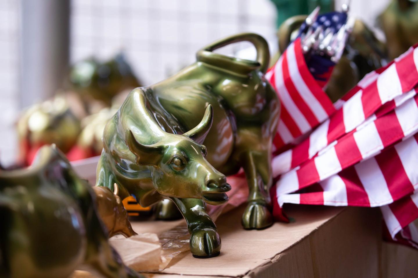 Bull statue and flags