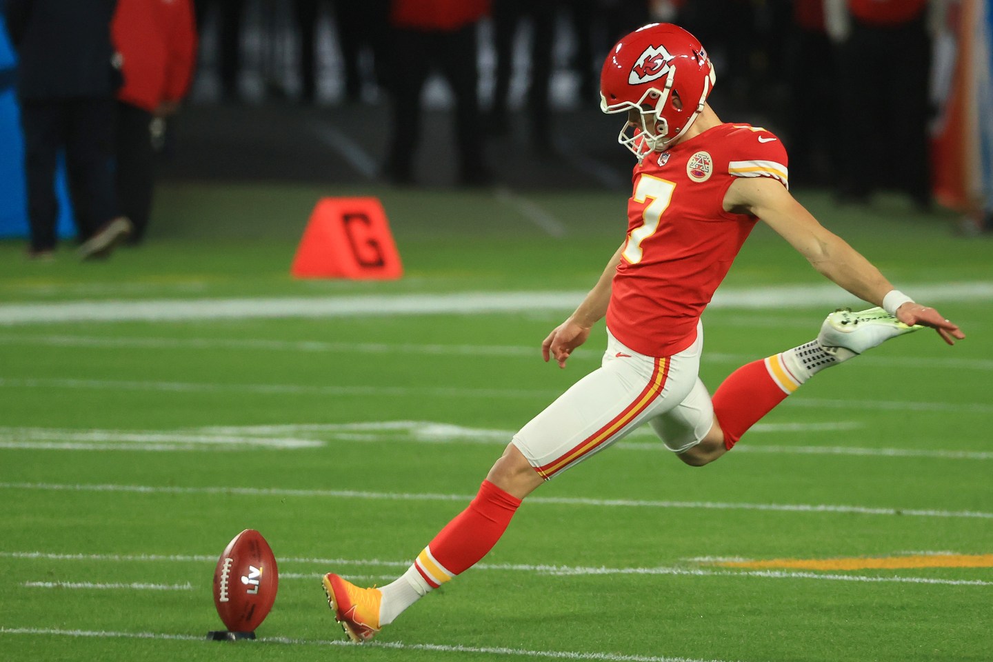 Harrison Butker #7 of the Kansas City Chiefs kicks off during the first quarter against the Tampa Bay Buccaneers in Super Bowl LV at Raymond James Stadium on February 7, 2021 in Tampa, Fla.