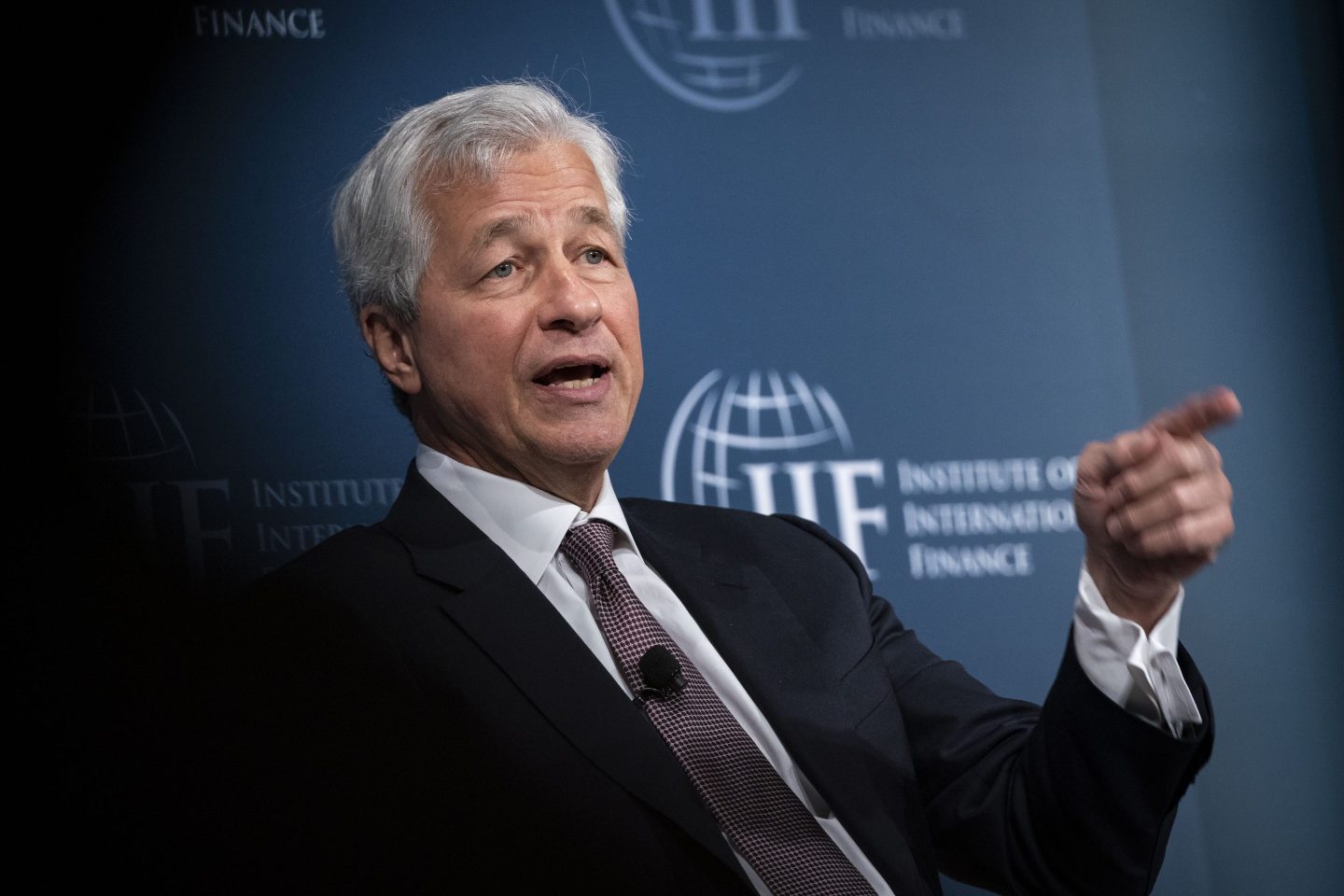 Jamie Dimon, chief executive officer of JPMorgan Chase &amp; Co., speaks during the Institute of International Finance (IIF) annual membership meeting in Washington, D.C., U.S., on Friday, Oct. 18, 2019. The meeting explores the latest issues facing the financial services industry and global economy today. Photographer: Al Drago/Bloomberg via Getty Images