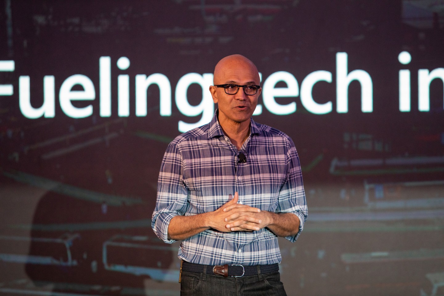 Satya Nadella, chief executive officer of Microsoft Corp., speaks during the Future Decoded Tech Summit in Bengaluru, India, on Tuesday, Feb. 25, 2020.
