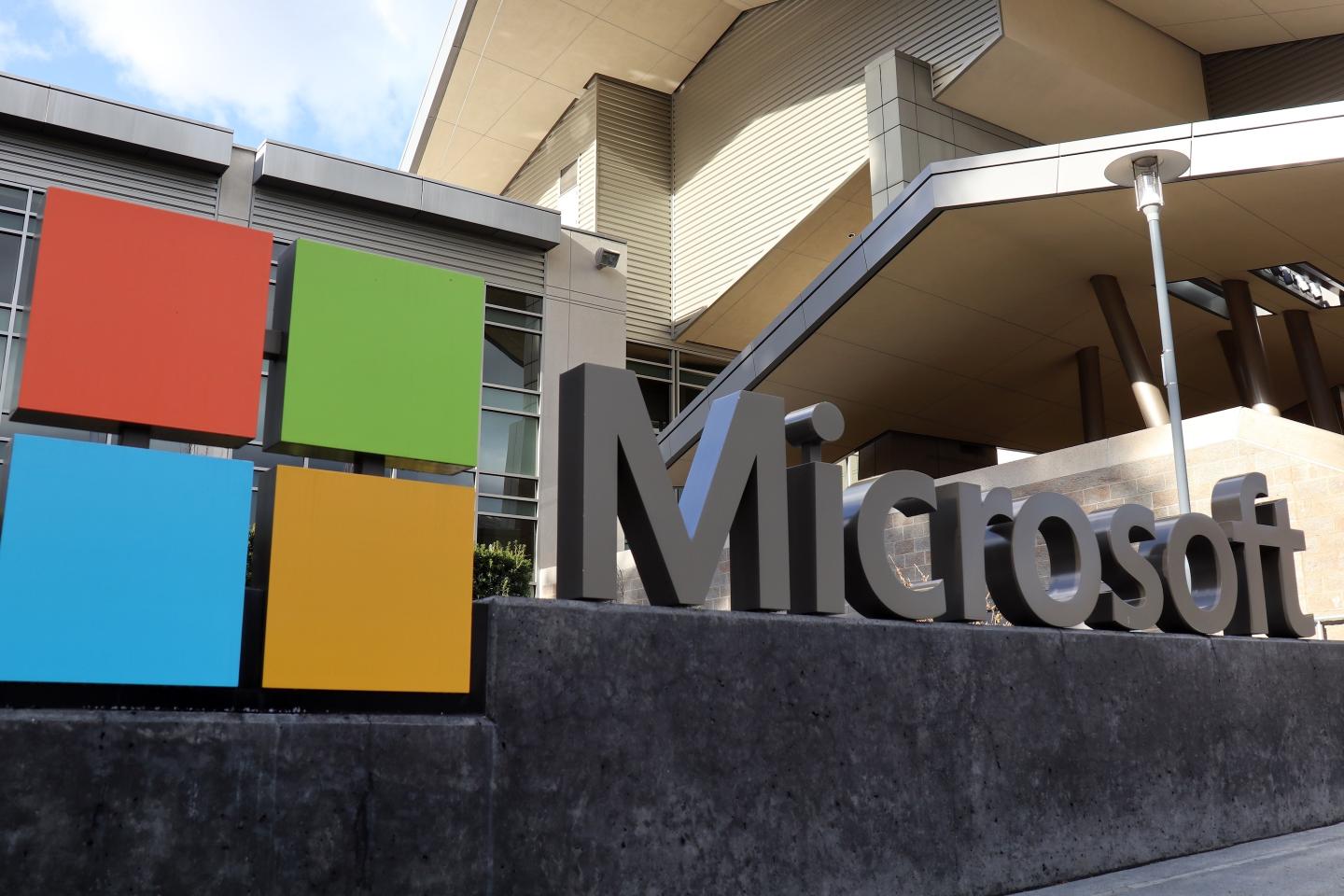 Microsoft logo seen at their building in Redmond.