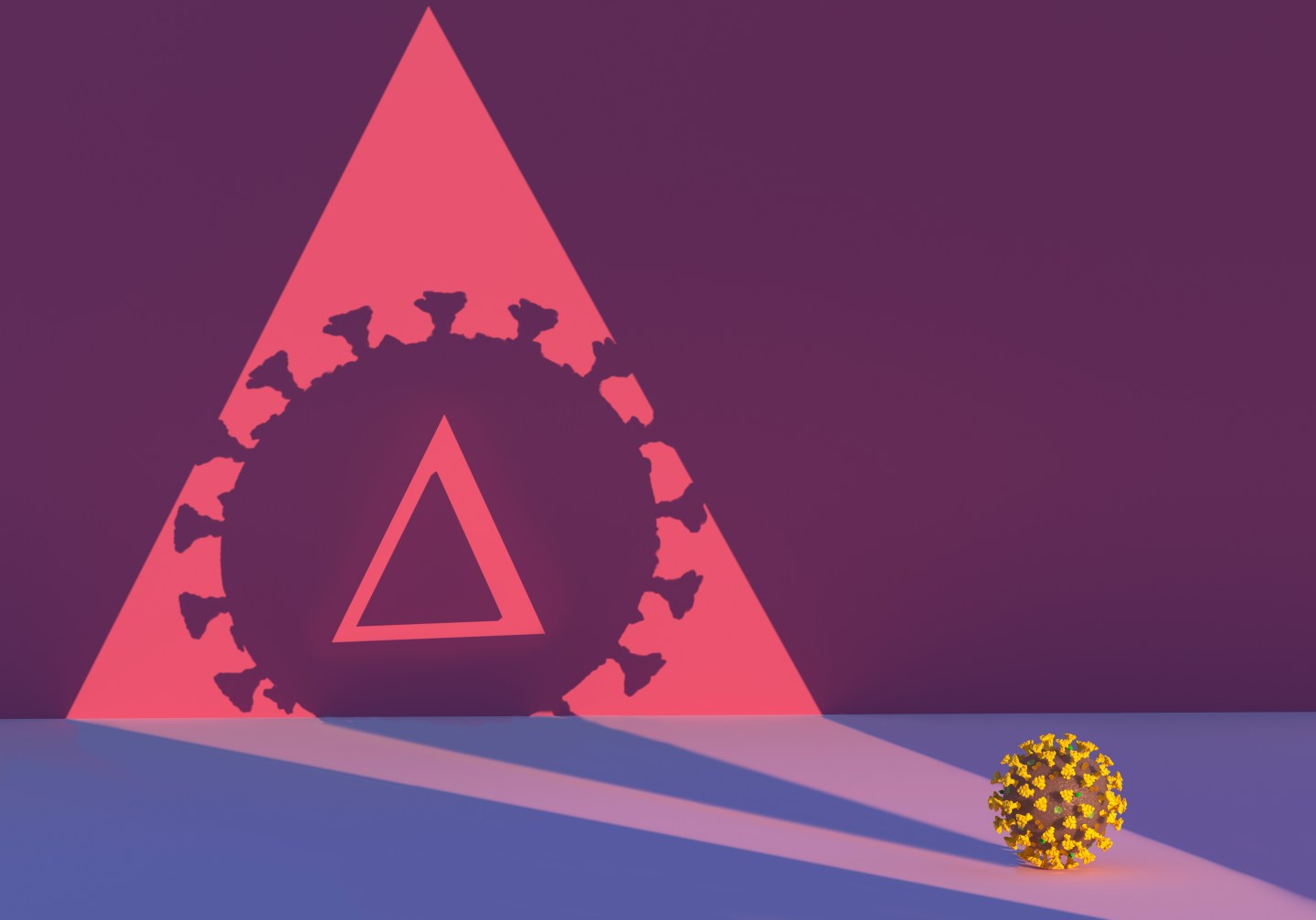 Digital generated image of COVID-19 cell dropping huge shadow with delta sign inside. Covid 19 delta plus variant concept.