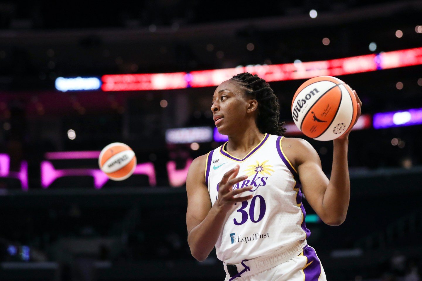 Forward Nneka Ogwumike #30 of the Los Angeles Sparks warms up before the game against the Seattle Storm at Staples Center on September 12, 2021