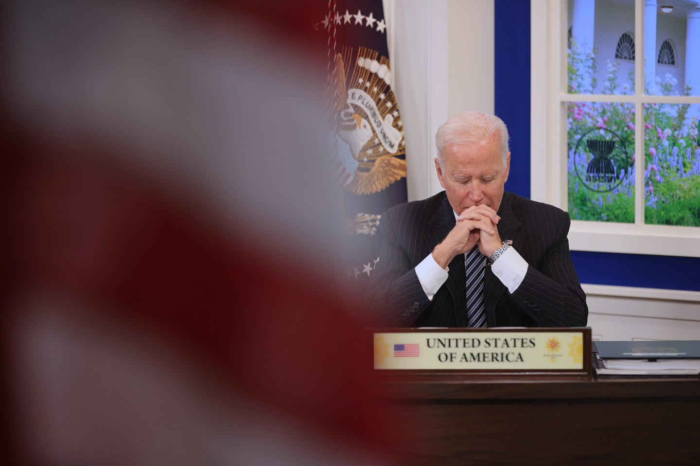 OCTOBER 26: U.S. President Joe Biden delivers remarks during the annual U.S.-ASEAN Summit via video link from the South Court Auditorium in the Eisenhower Executive Office Building on October 26, 2021 in Washington, DC.