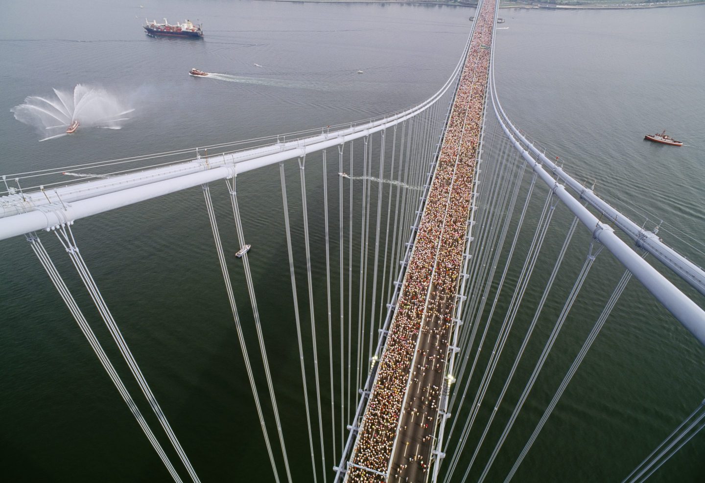 Runners crossing the Verrazzano-Narrows Bridge from Staten Island into Brooklyn at the start of the New York City Marathon.