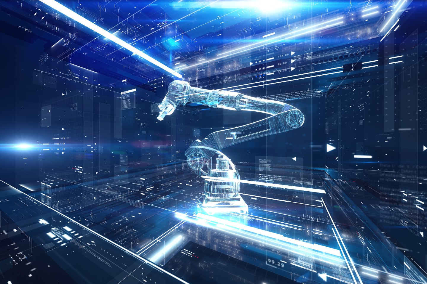 Digital generated image of hologram of robotic arm in virtual digital world.
