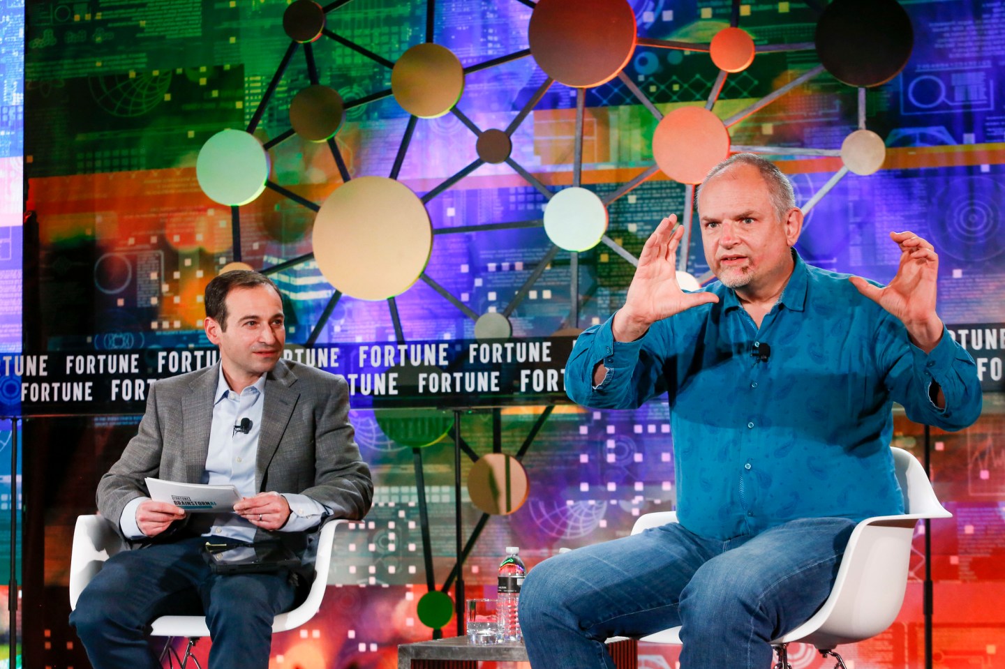 Dr. Andrew Moore, vice president and general manager, Cloud A.I. and Industry Solutions, Google Cloud (right) speaks with Fortune senior writer Jeremy Kahn at Brainstorm A.I in Boston. Nov. 8, 2021.