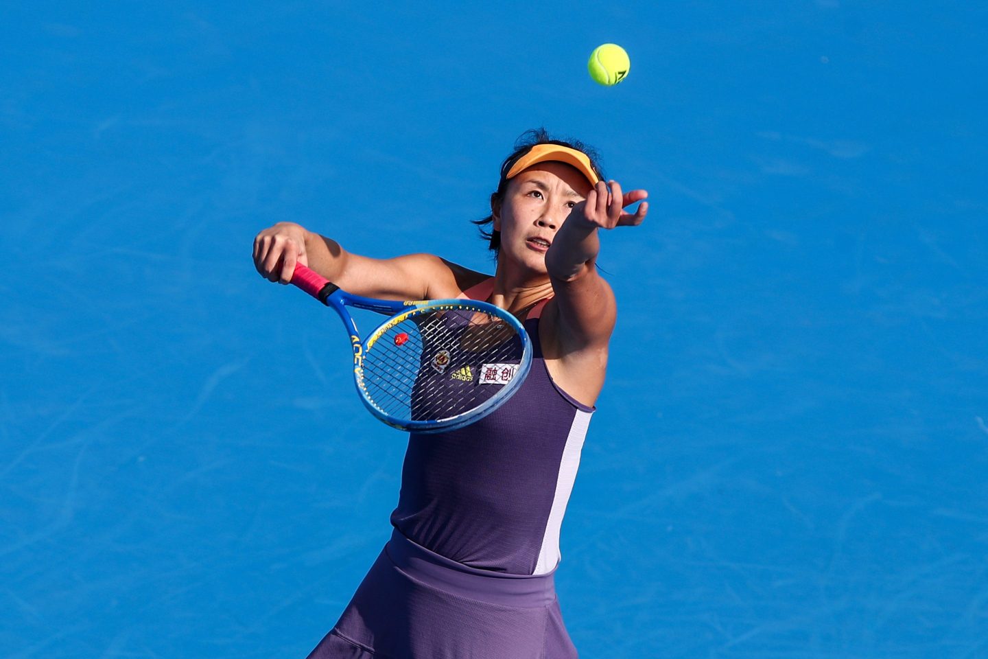 Peng Shuai serves during a match against Ekaterina Alexandrova on Day 4 of 2020 WTA Shenzhen Open at Shenzhen Longgang Sports Center on January 8, 2020 in Shenzhen, China.