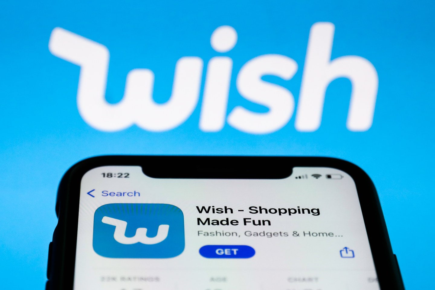 Wish logo on the App Store and Wish logo displayed on a laptop screen are seen in this illustration photo taken in Krakow, Poland on August 26, 2021.