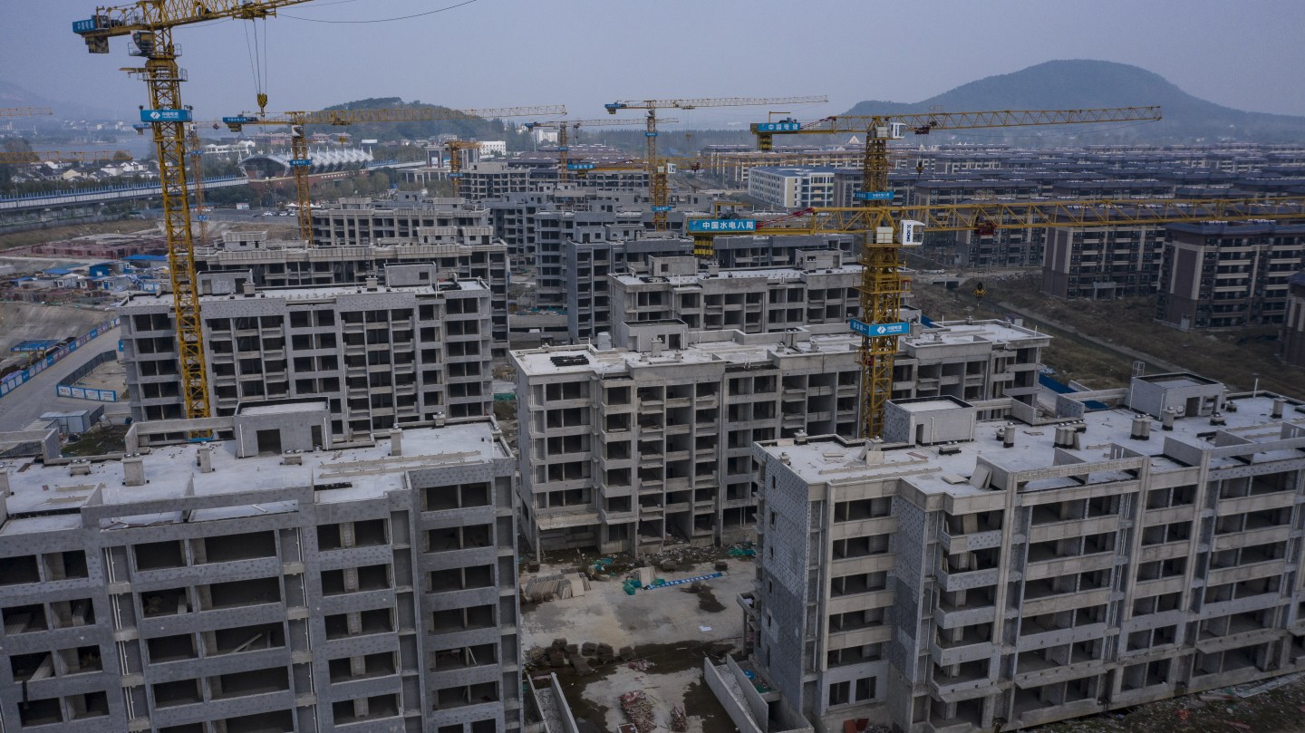 Unfinished apartment buildings at China Evergrande Group's Health Valley development on the outskirts of Nanjing.