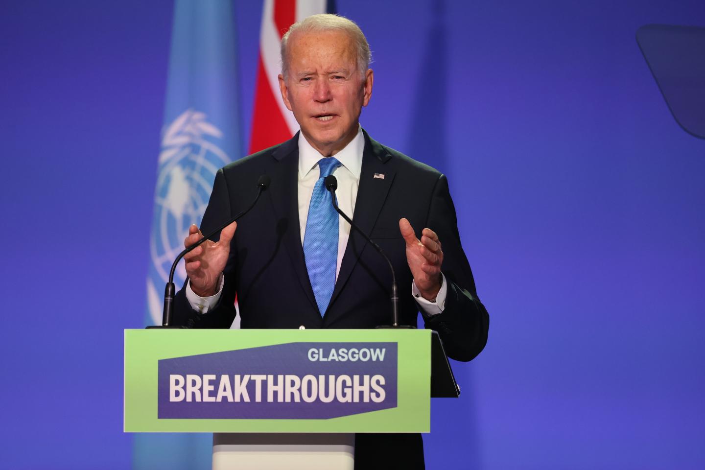 US President Joe Biden speaks during the World Leaders' Summit "Accelerating Clean Technology Innovation and Deployment" session on day three of COP26 at SECC on November 2, 2021 in Glasgow, United Kingdom.