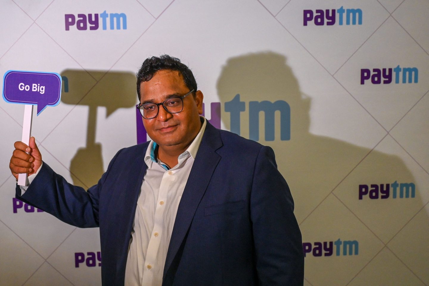 Paytm, an Indian cellphone-based digital payment platform, founder Vijay Shekhar Sharma poses during his company&#8217;s IPO listing ceremony at the Bombay Stock Exchange (BSE) in Mumbai on November 18, 2021. (Photo by Punit PARANJPE / AFP) (Photo by PUNIT PARANJPE/AFP via Getty Images)