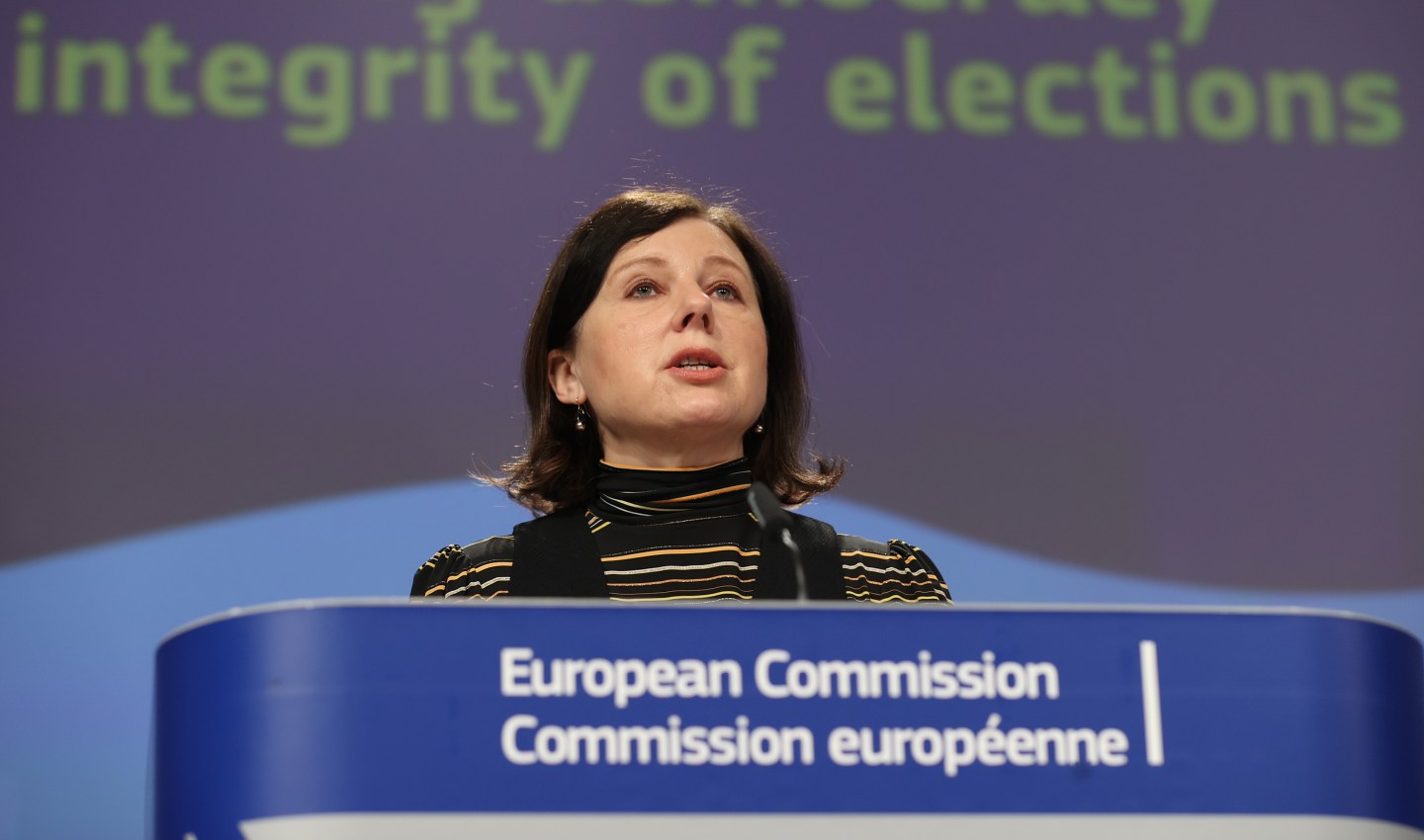 Vice-President of the European Commission for Values and Transparency Vera Jourova delivers a speech as she holds press conference on proposals to reinforcing democracy and the integrity of elections in the European Union, in Brussels, Belgium on November 25, 2021.