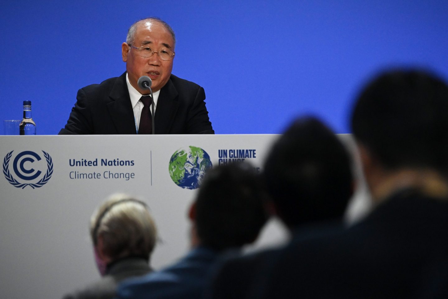China's special climate envoy, Xie Zhenhua speaks during a joint China and US statement on a declaration at COP26