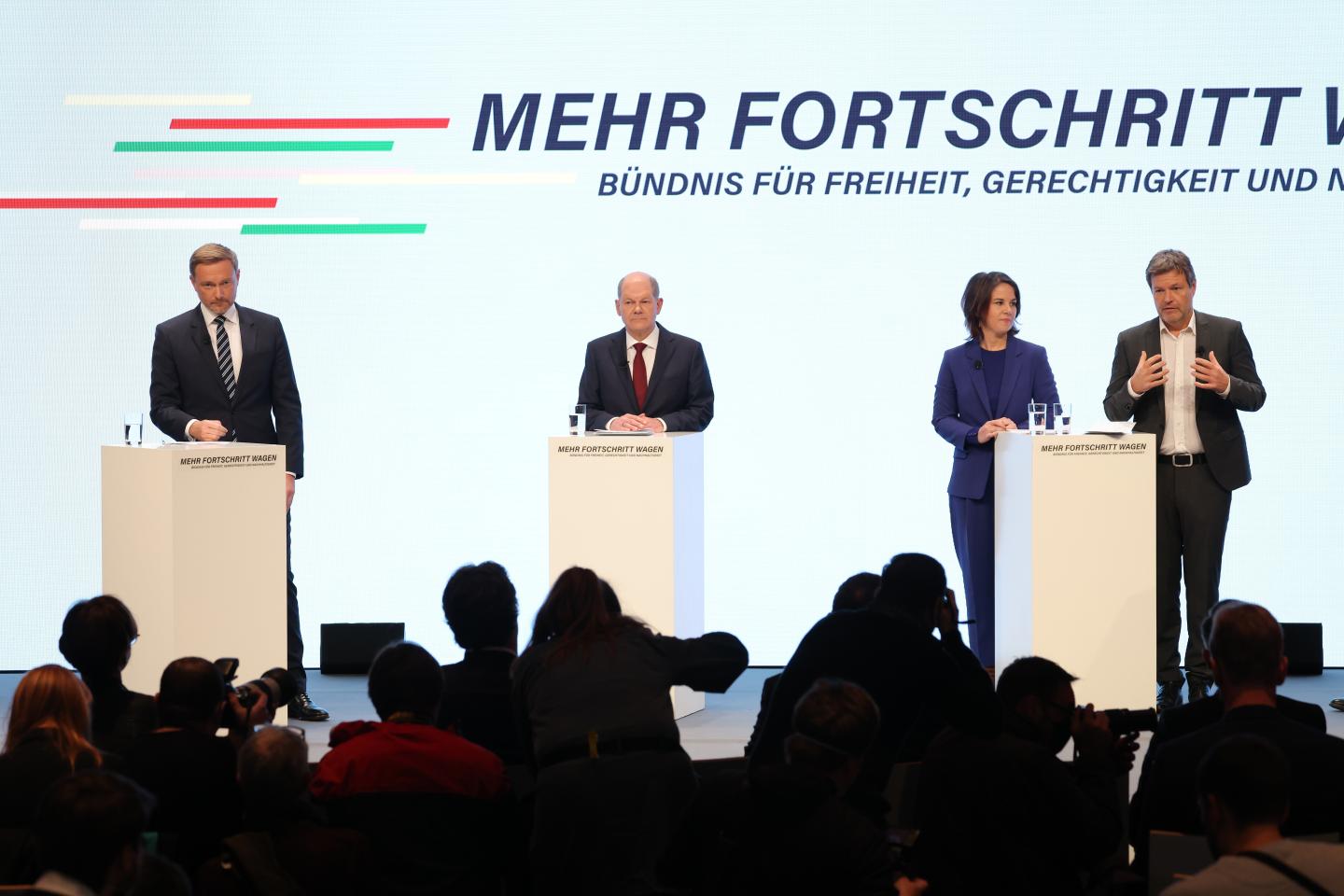 (From L to R) Christian Lindner of the German Free Democrats (FDP), Olaf Scholz of the German Social Democrats (SPD and Annalene Baerbock and Robert Habeck of the Greens Party present their mutually-agreed on coalition contract to the media on November 24, 2021 in Berlin, Germany.