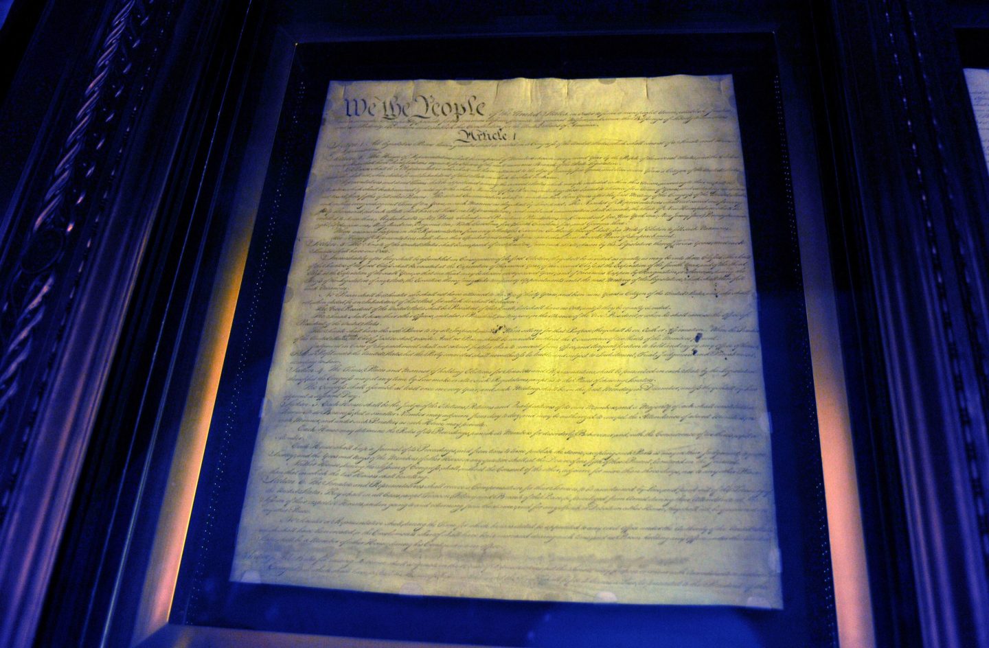 "We the People" the opening phrase of the US consitution - original document photographed in the Nation Archive in Washington DC - very low light. A decentralized autonomous organization called ConstitutionDAO was close to buying an original copy of the document but was ultimately outbid. (Photo by Jeff Overs/BBC News & Current Affairs via Getty Images)
