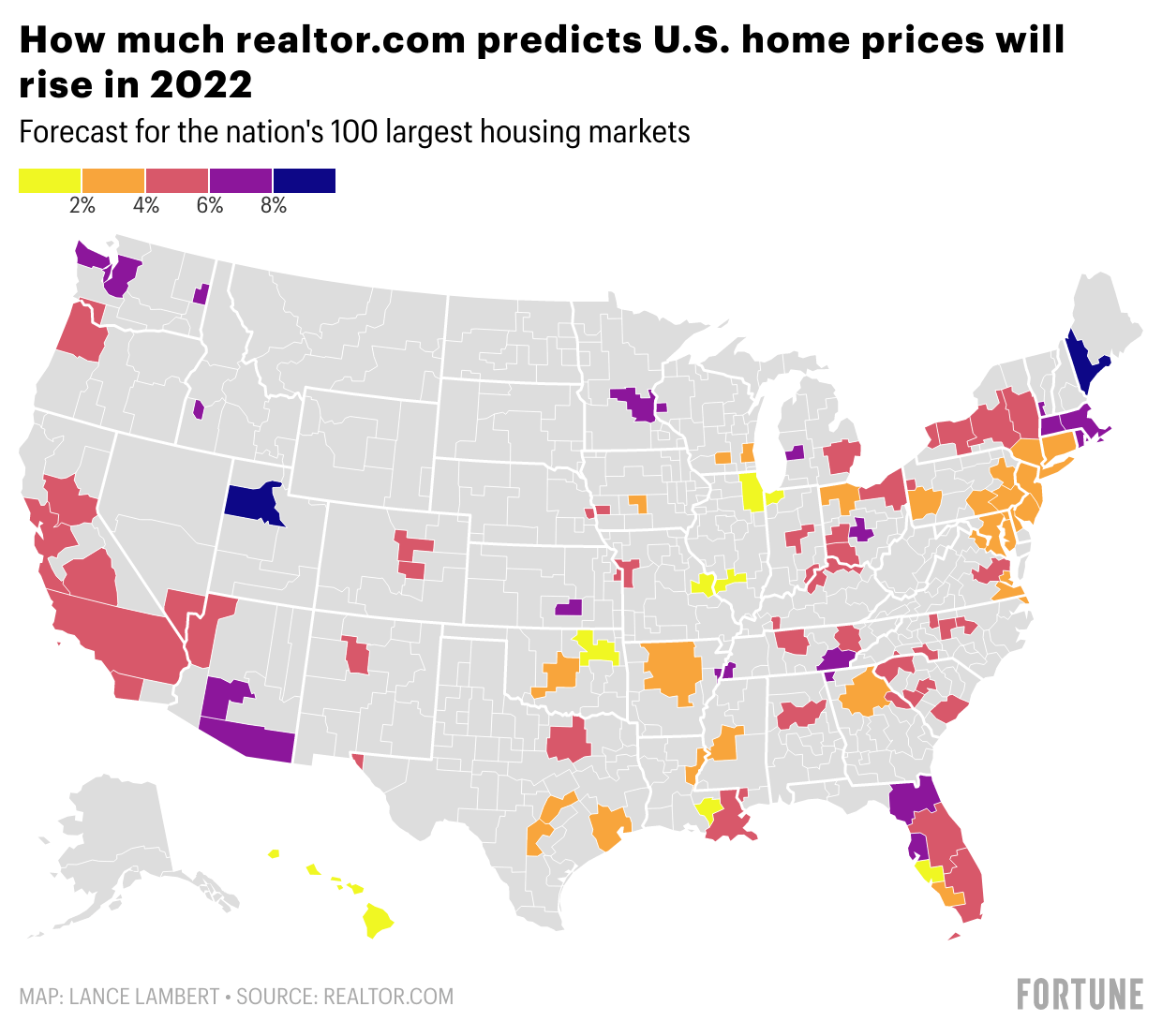 How much 2022 home prices are forecast to shift in each of America’s 100 largest markets