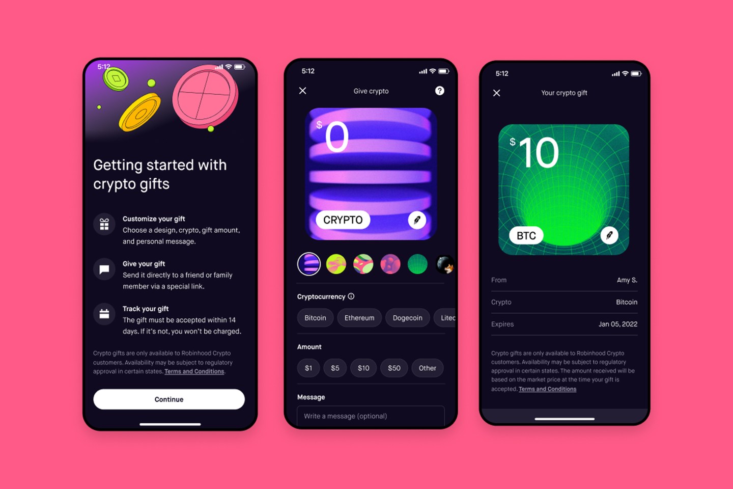 Three screen shots of a phone showing ways to buy cryptocurrencies.