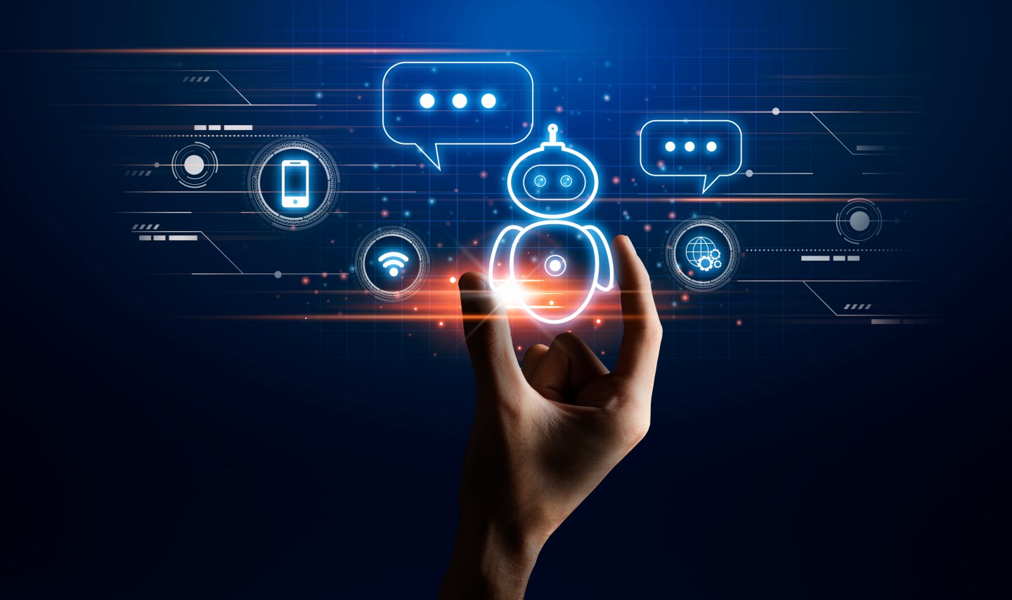 Virtual Assistant. Hand touching chatbot robot icon on digital screen, using modern technologies, creative design, panorama