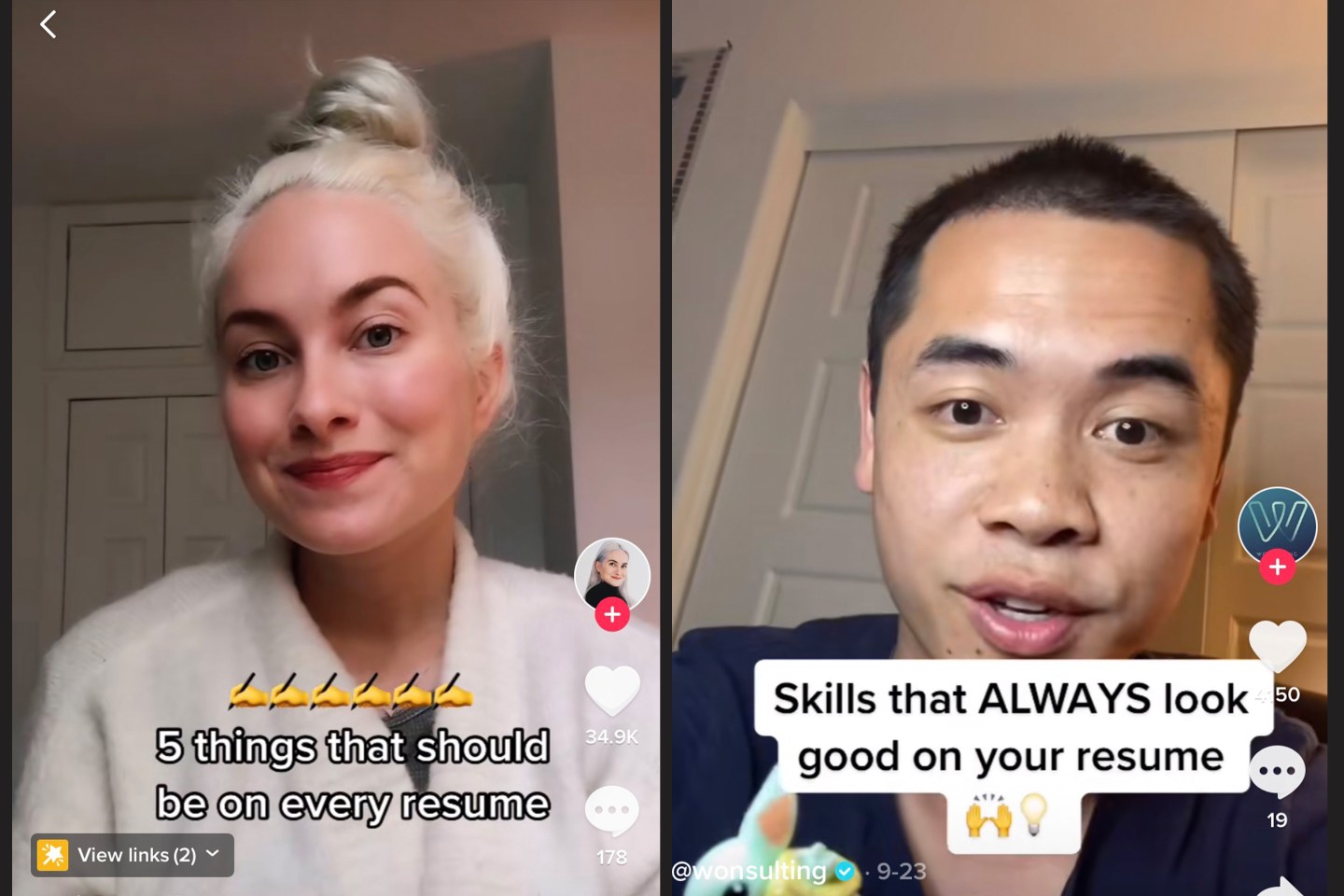 Photos of a woman and a man who give career advice on TikTok.