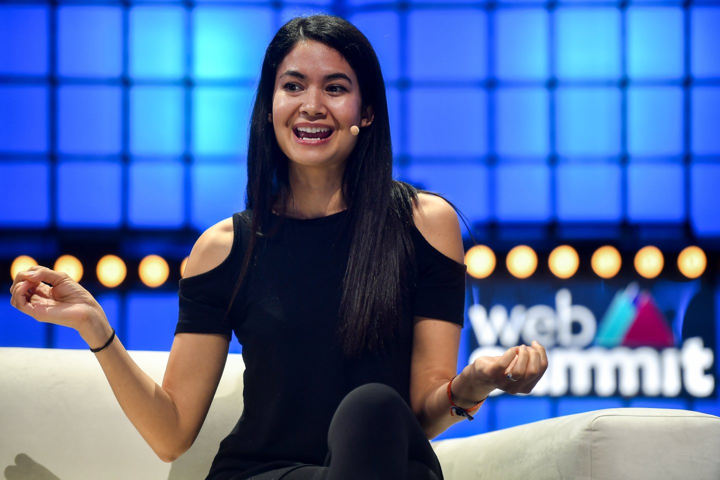 LISBON , PORTUGAL &#8211; 5 November 2019; Melanie Perkins, Co-founder &amp; CEO, Canva, on Centre Stage during the opening day of Web Summit 2019 at the Altice Arena in Lisbon, Portugal. (Photo By David Fitzgerald/Sportsfile for Web Summit via Getty Images)