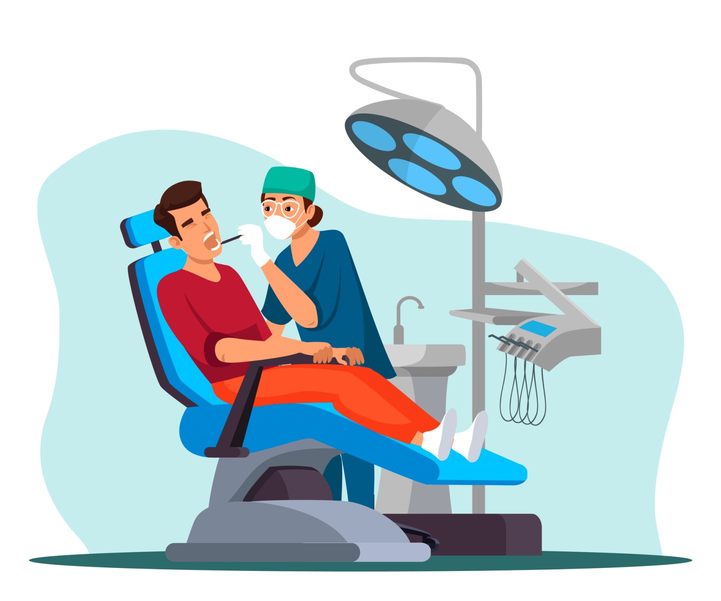 Illustration of a man being treated by a dentist.